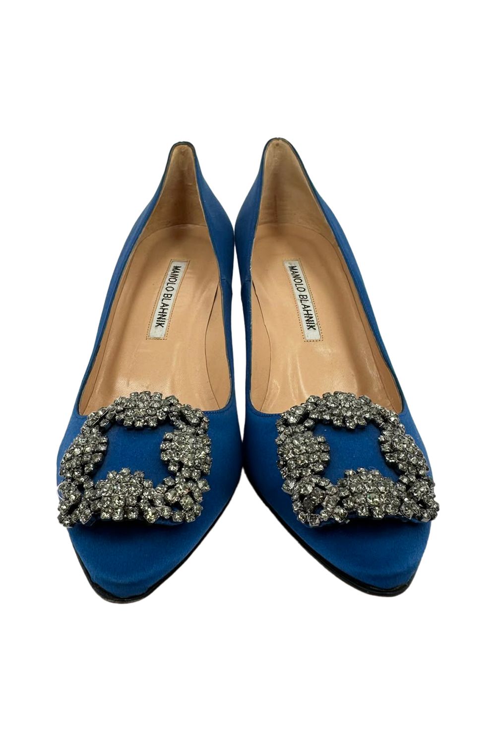 Manolo Blahnik Hangisi Embellished Pumps in Blue Satin
