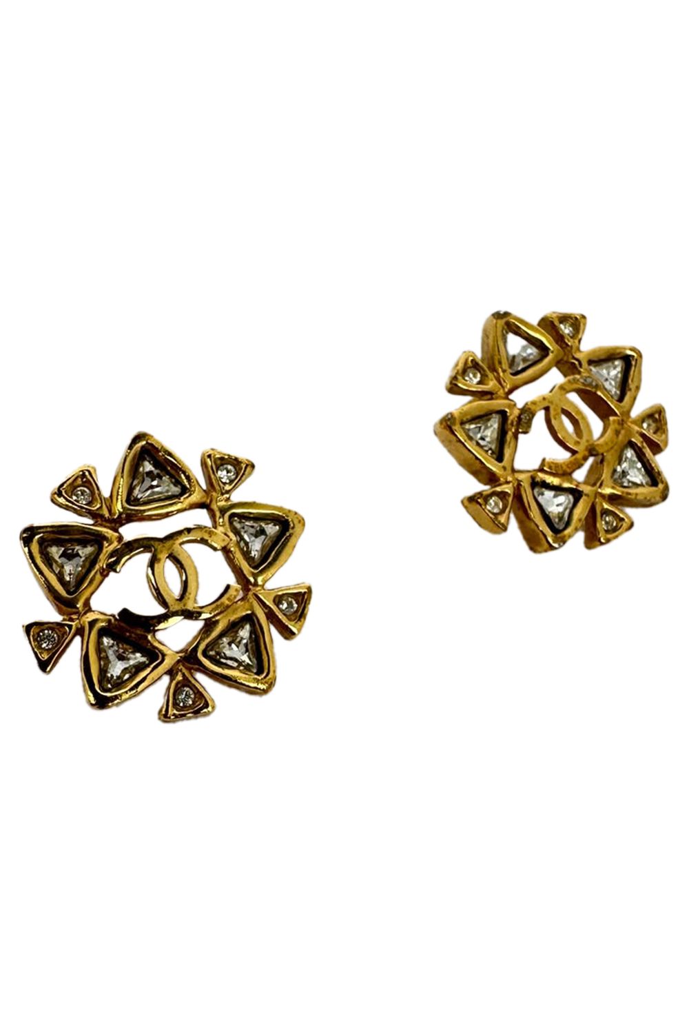 Chanel VIntage Interlocking CC Crystal Earrings in Gold Metal