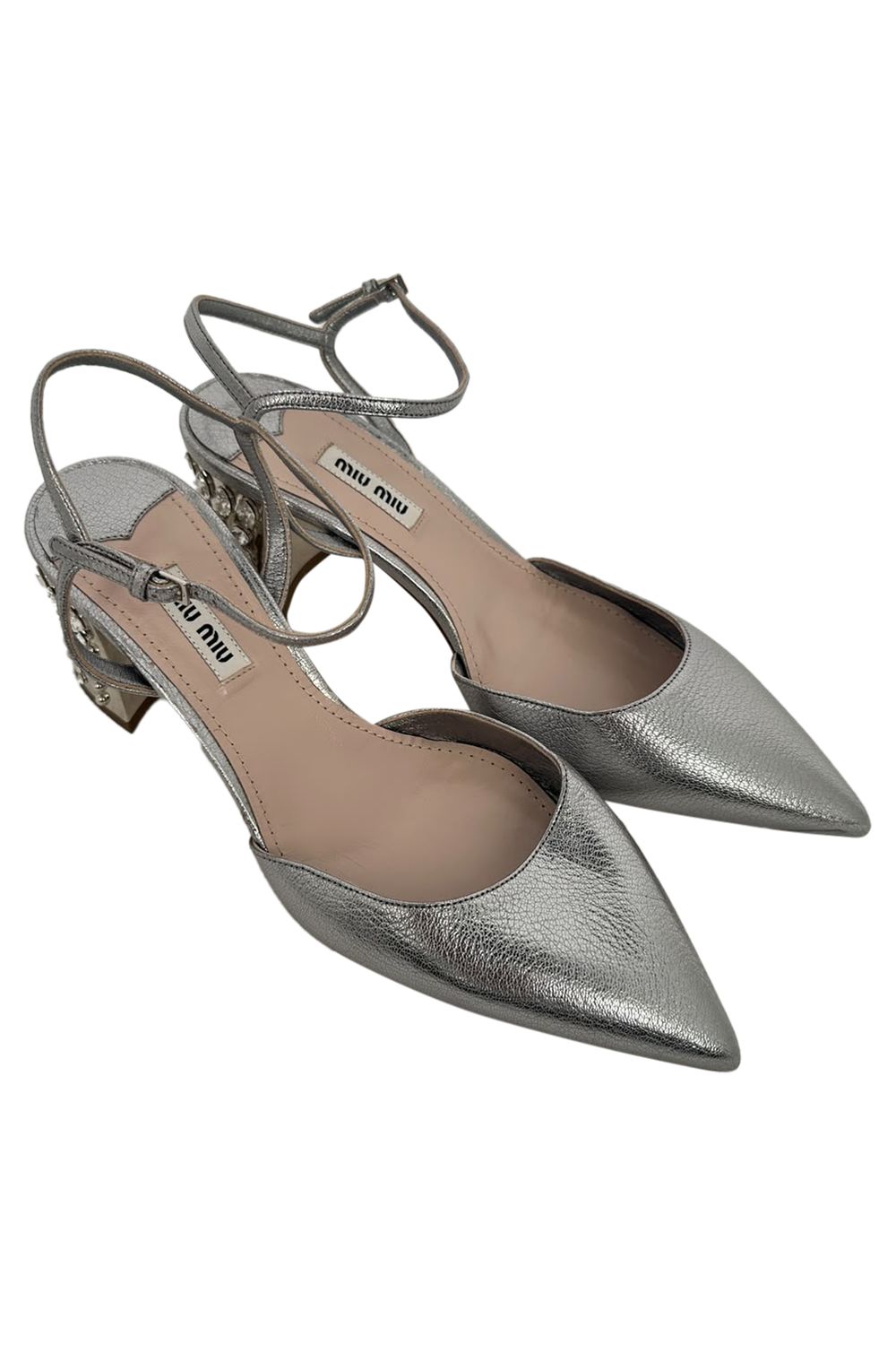 Miu Miu.Pointed-Toe Jewel-Embellished Slingback Block Heels in Silver Leather
