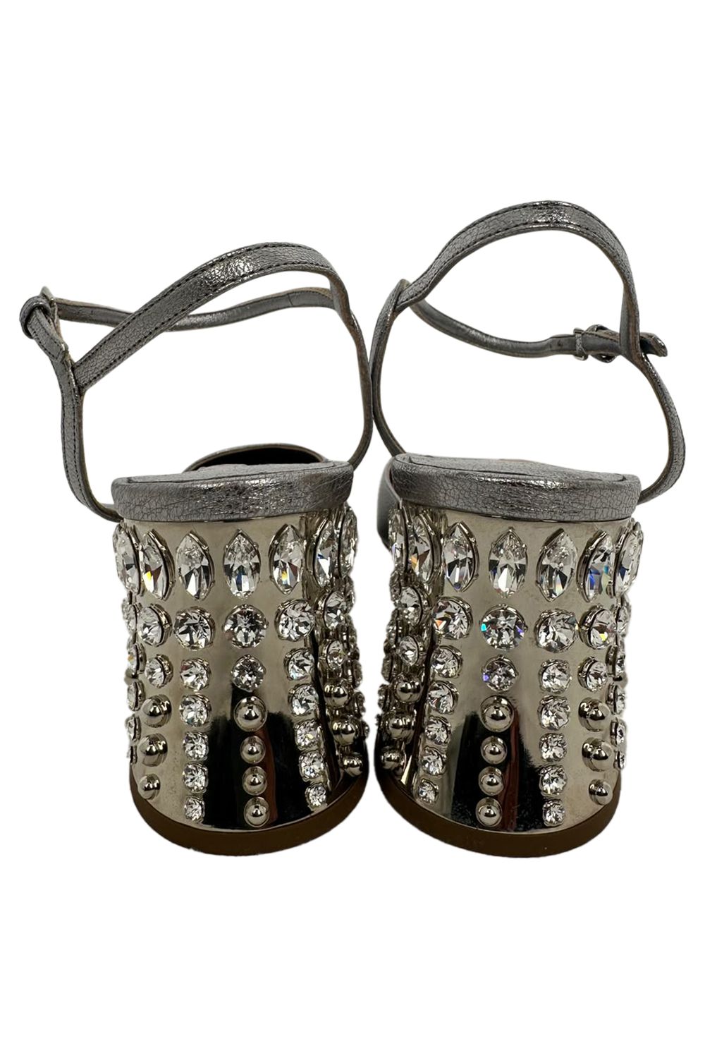 Miu Miu.Pointed-Toe Jewel-Embellished Slingback Block Heels in Silver Leather