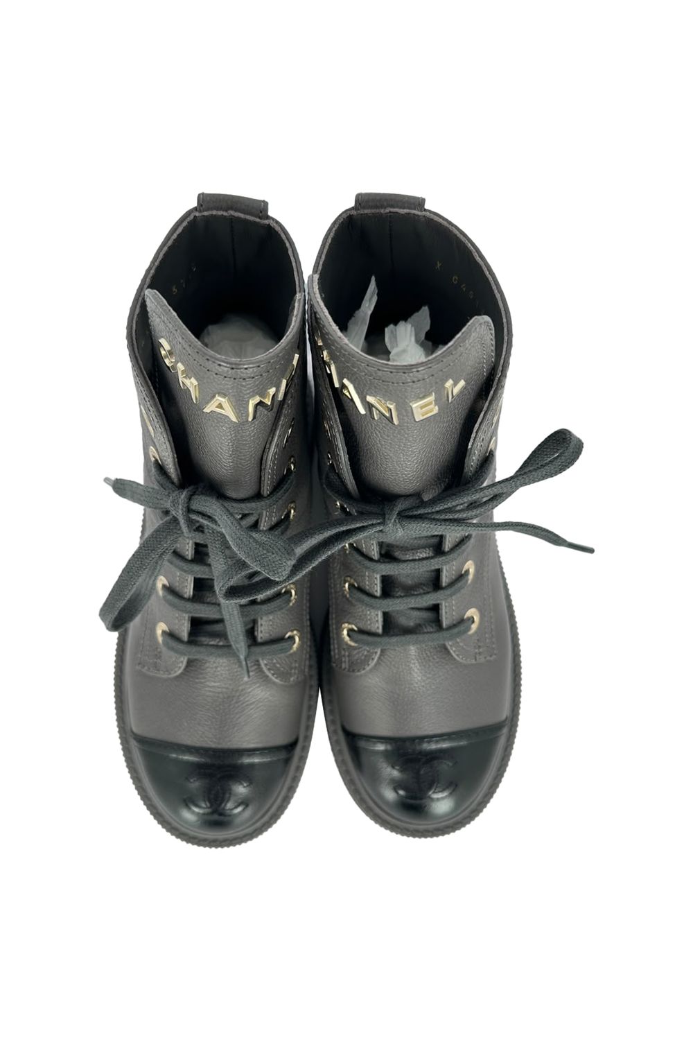 Chanel CC Lace-Up Combat Boots in Grey Leather