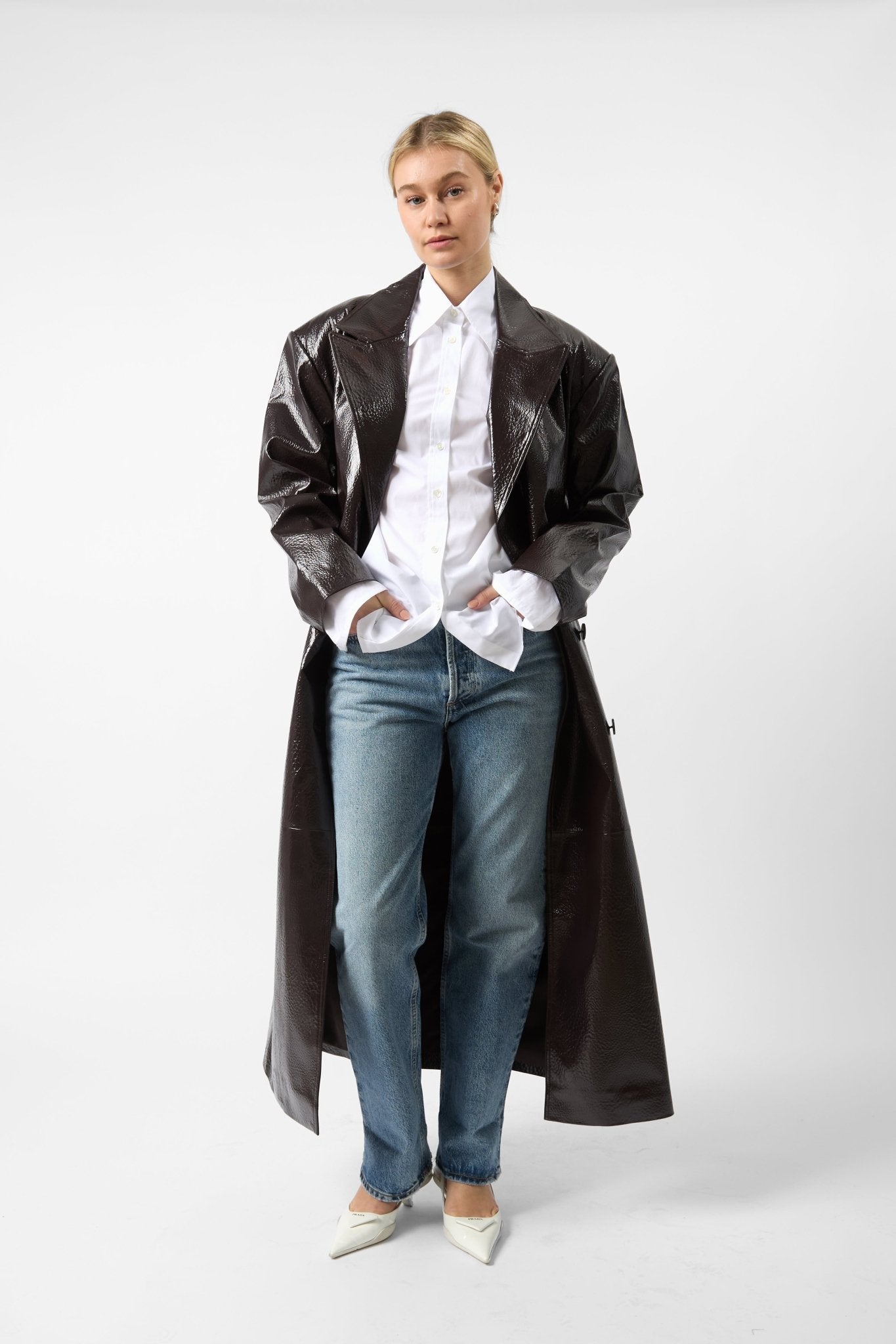 The Frankie Shop Tina Double-Breasted Faux Leather Trench Coat - Bessette