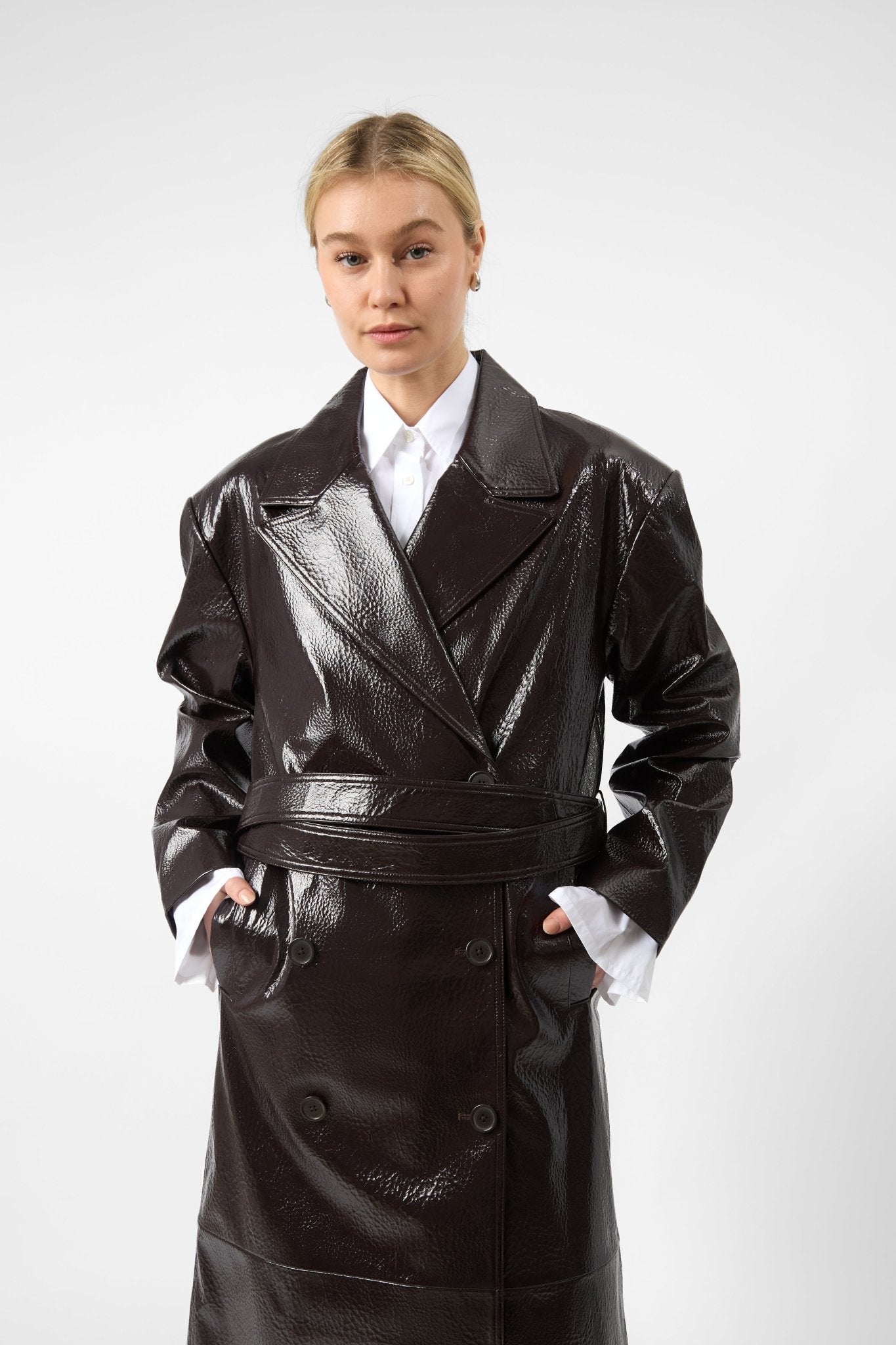 The Frankie Shop Tina Double-Breasted Faux Leather Trench Coat - Bessette