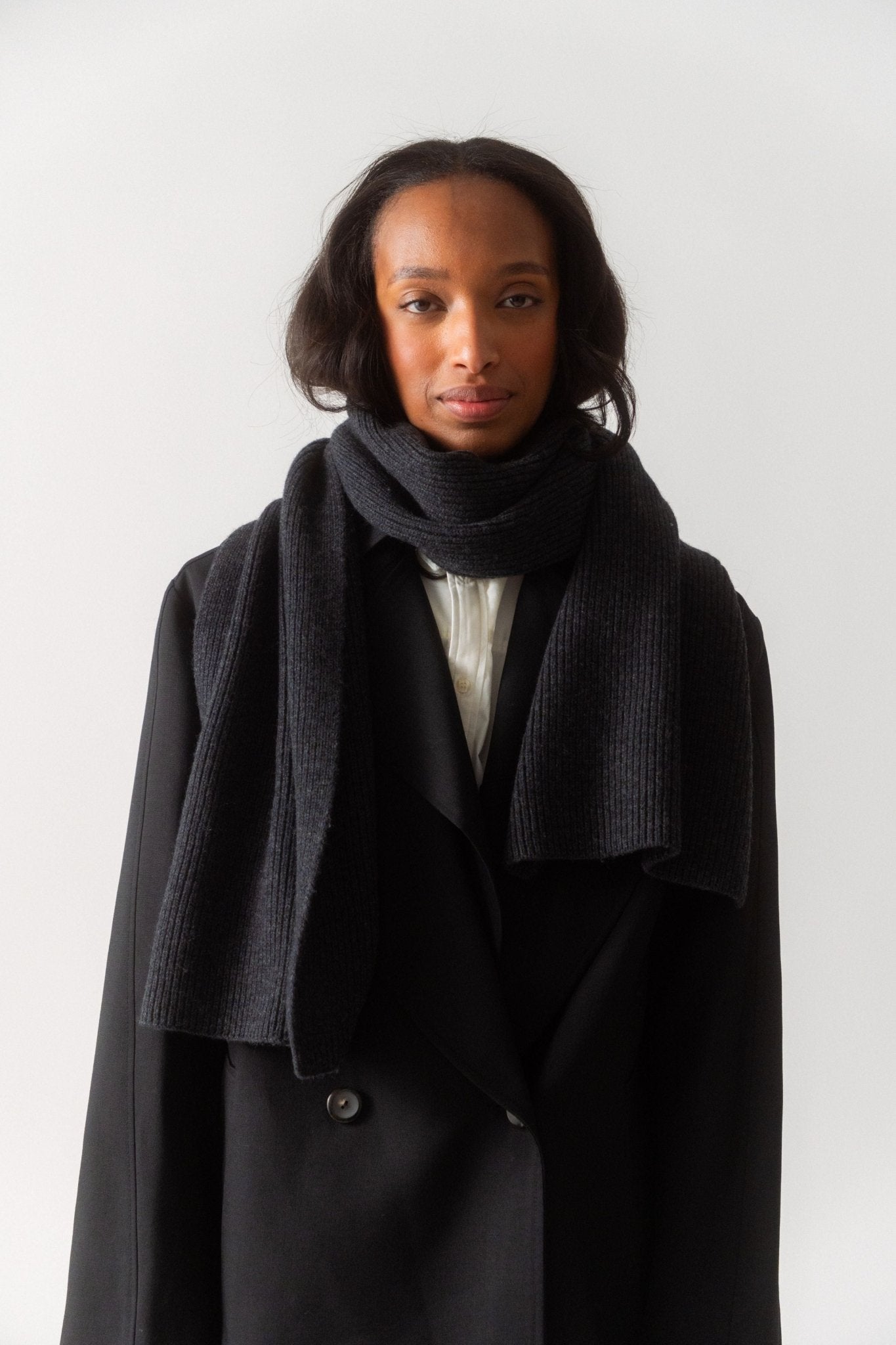 Toteme Embroidered Monogram Wool Cashmere Scarf Dark Grey - Bessette