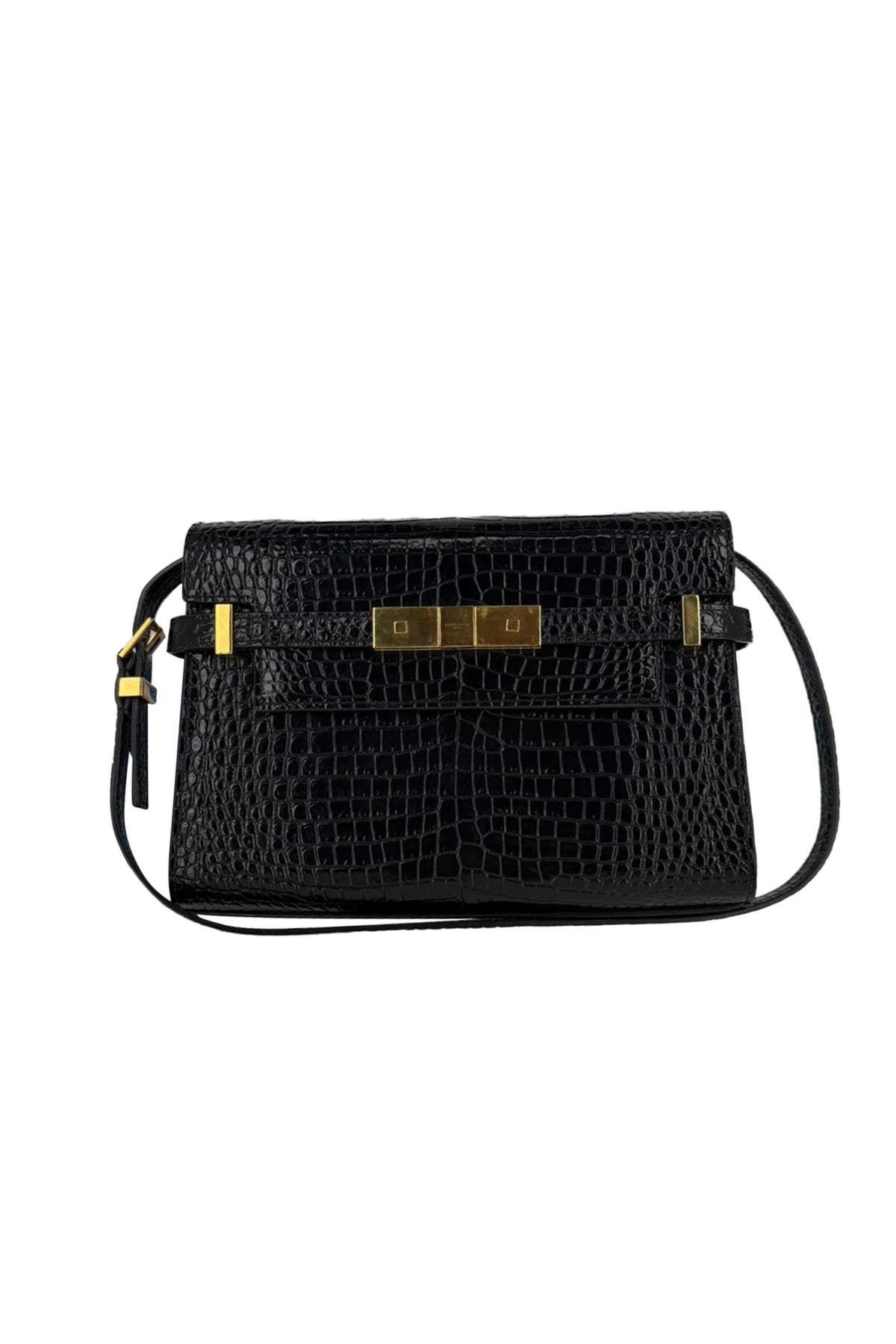 Saint Laurent Croc Embossed Manhattan Shoulder Bag in Black Leather