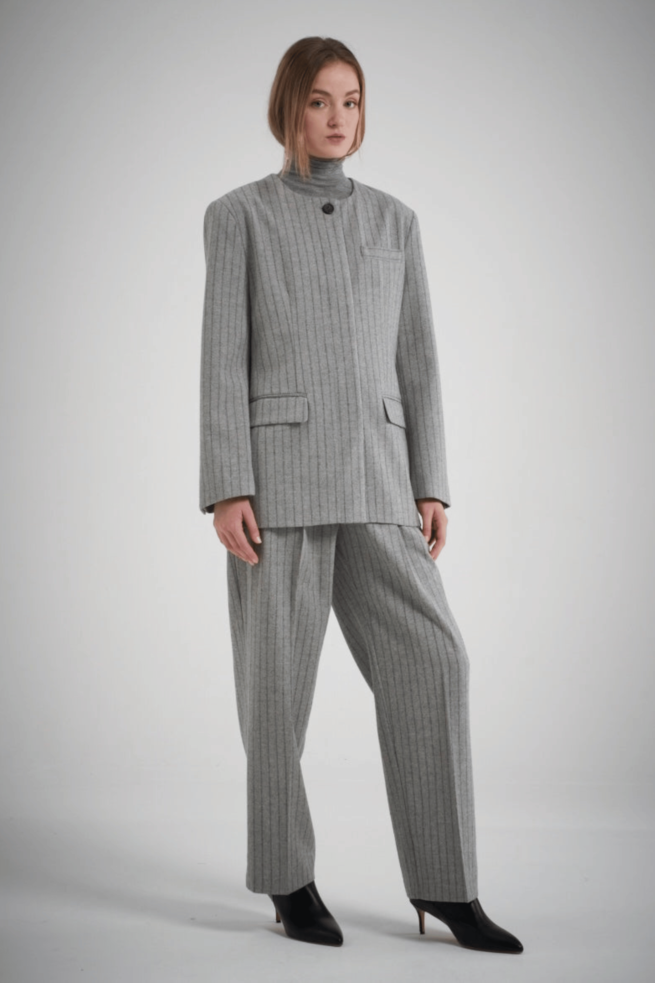 Gal Wool Collarless Jacket Grey Pinstripe - Bessette