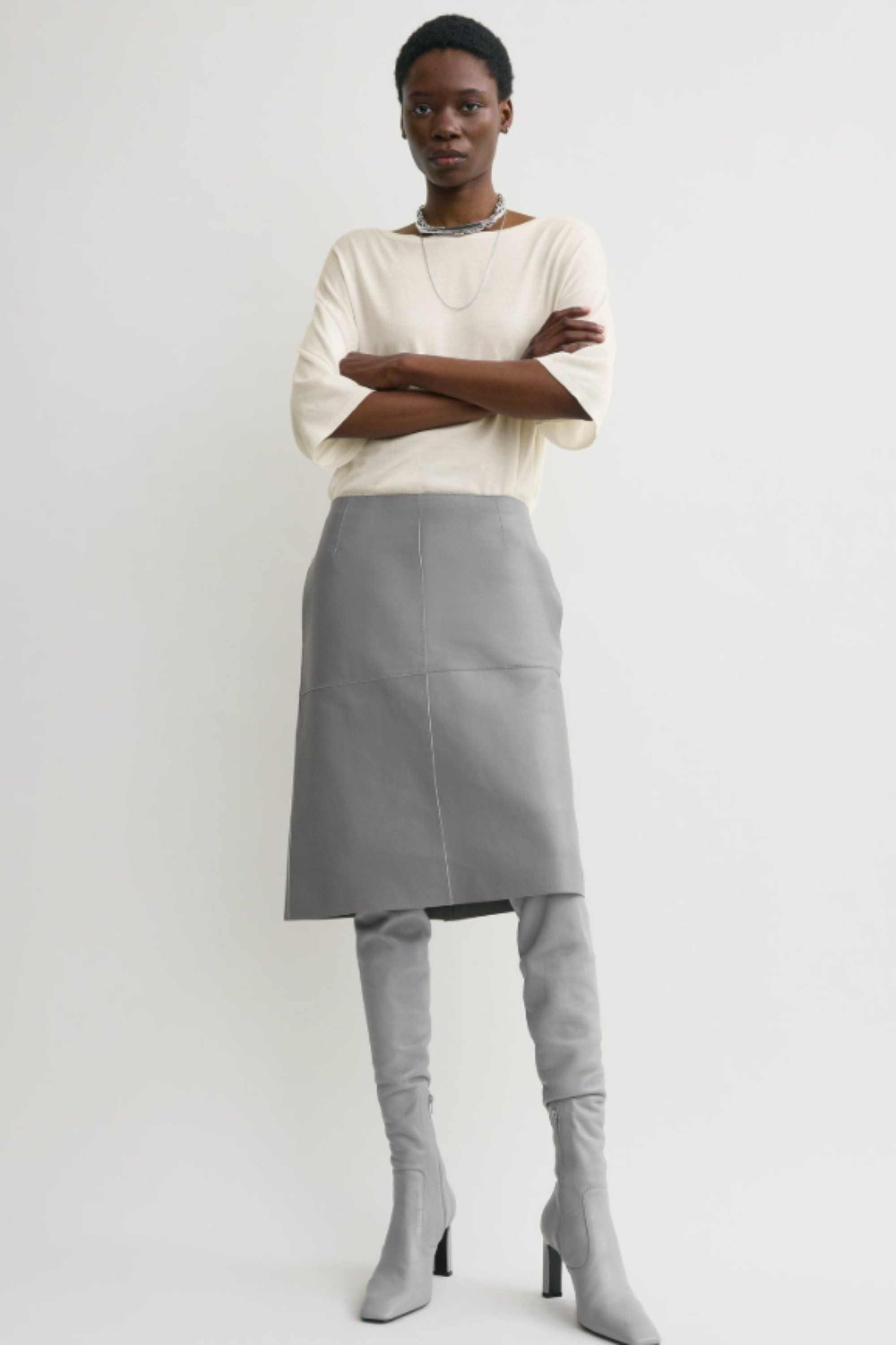 Paneled Leather Skirt Grey