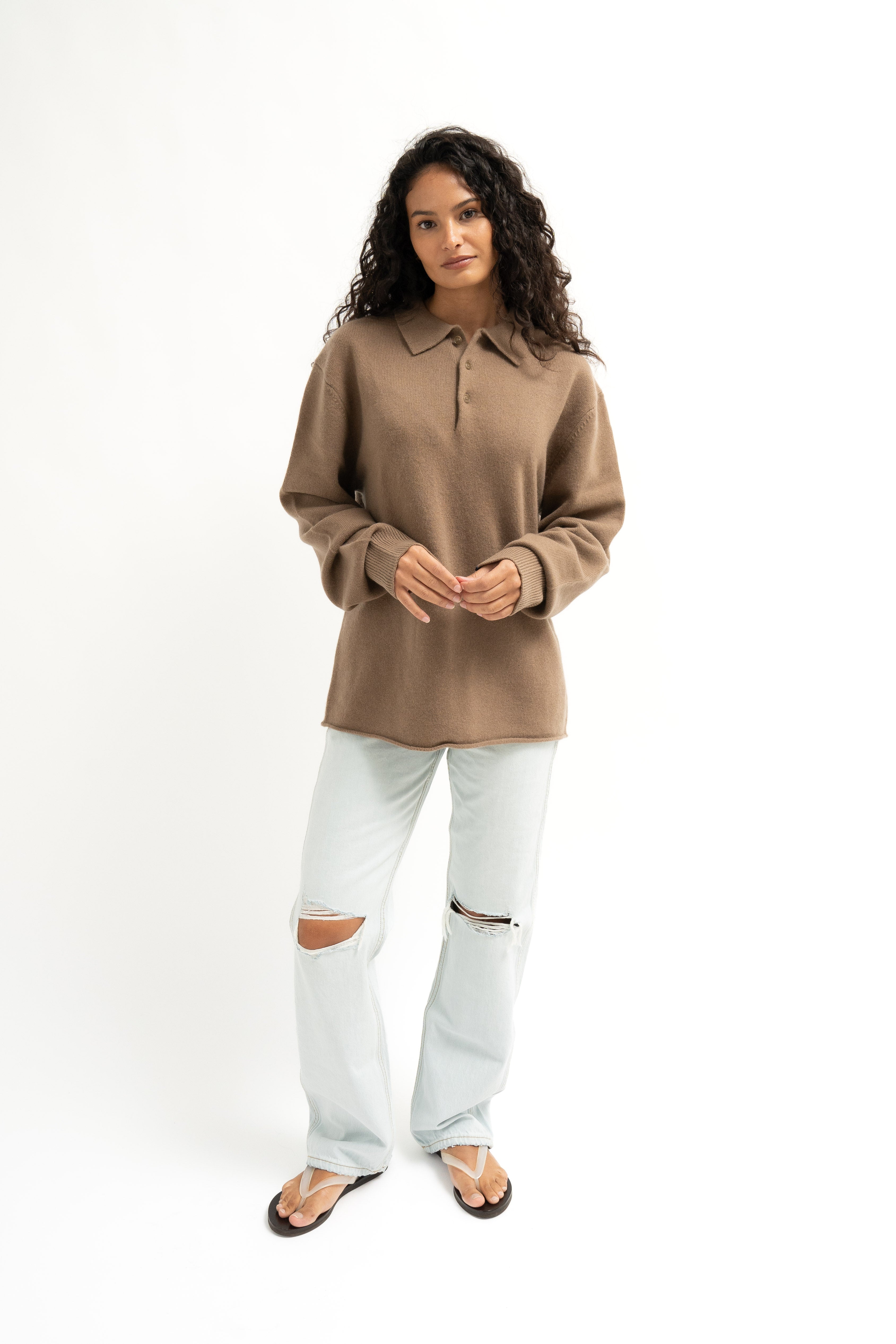 Extreme Cashmere N°357 Marylebone cashmere-blend polo sweater Beige