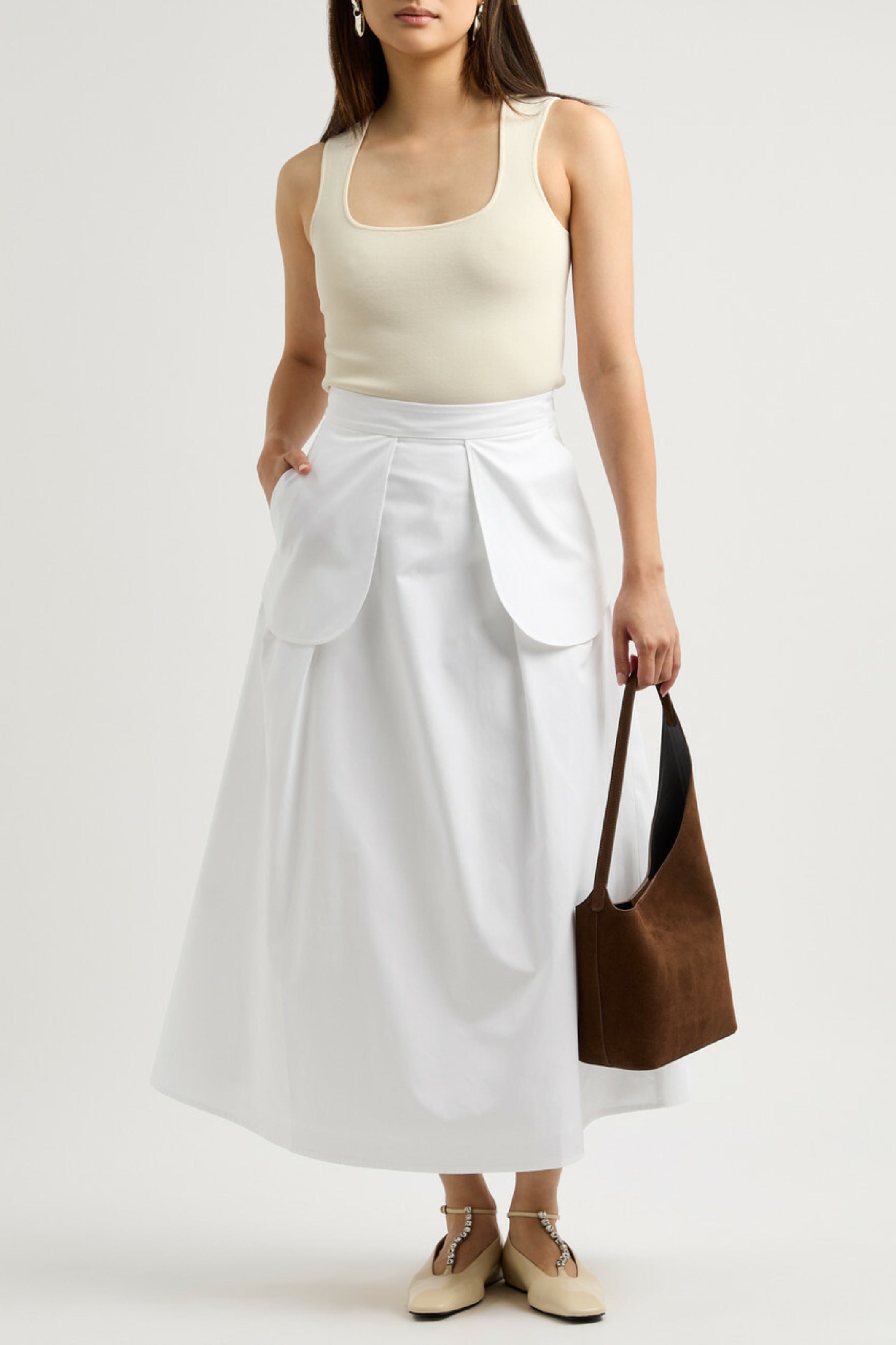 Cotton-poplin Midi Skirt White