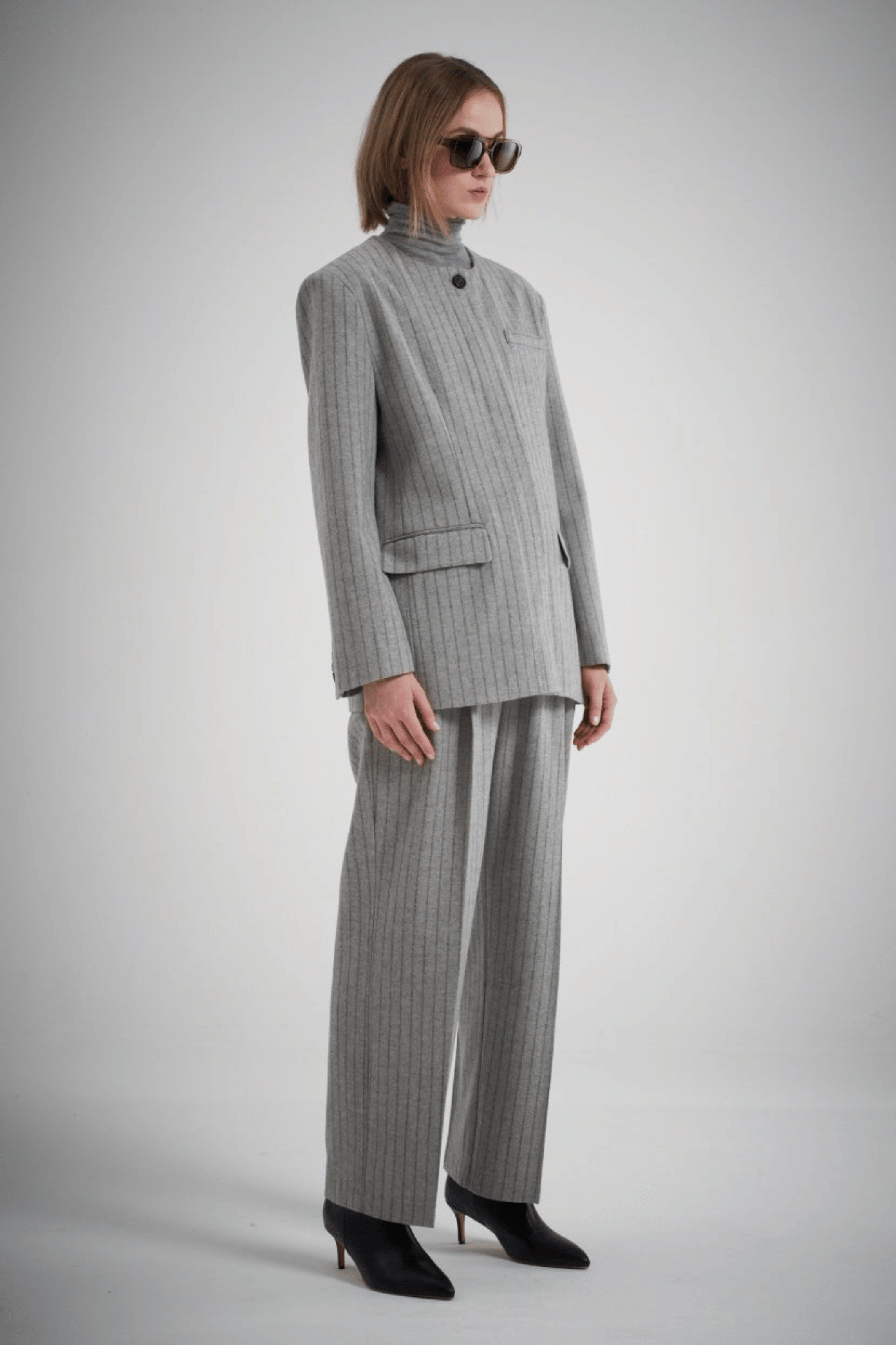 Gal Wool Collarless Jacket Grey Pinstripe - Bessette