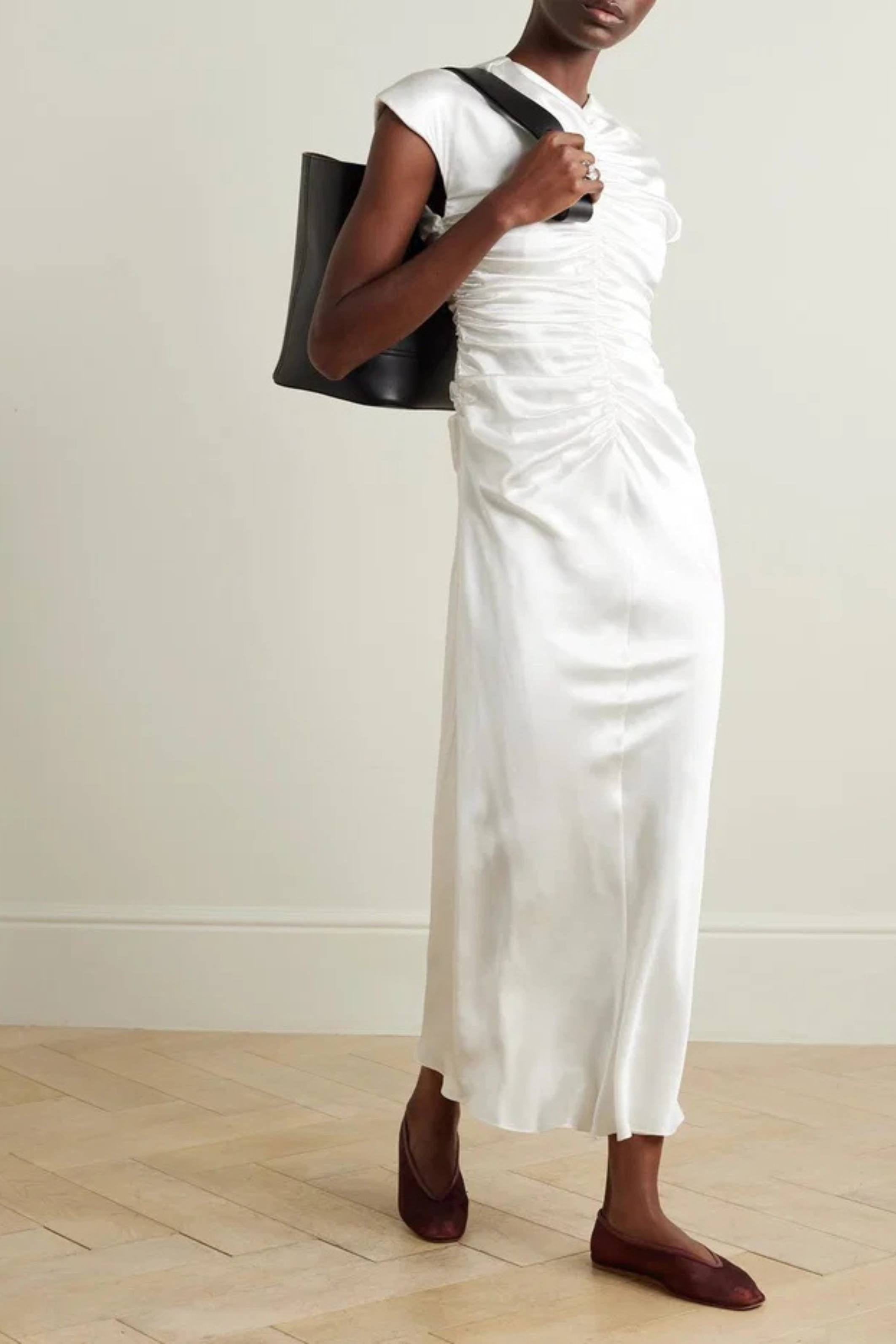 White Aubree Satin Rouched Dress