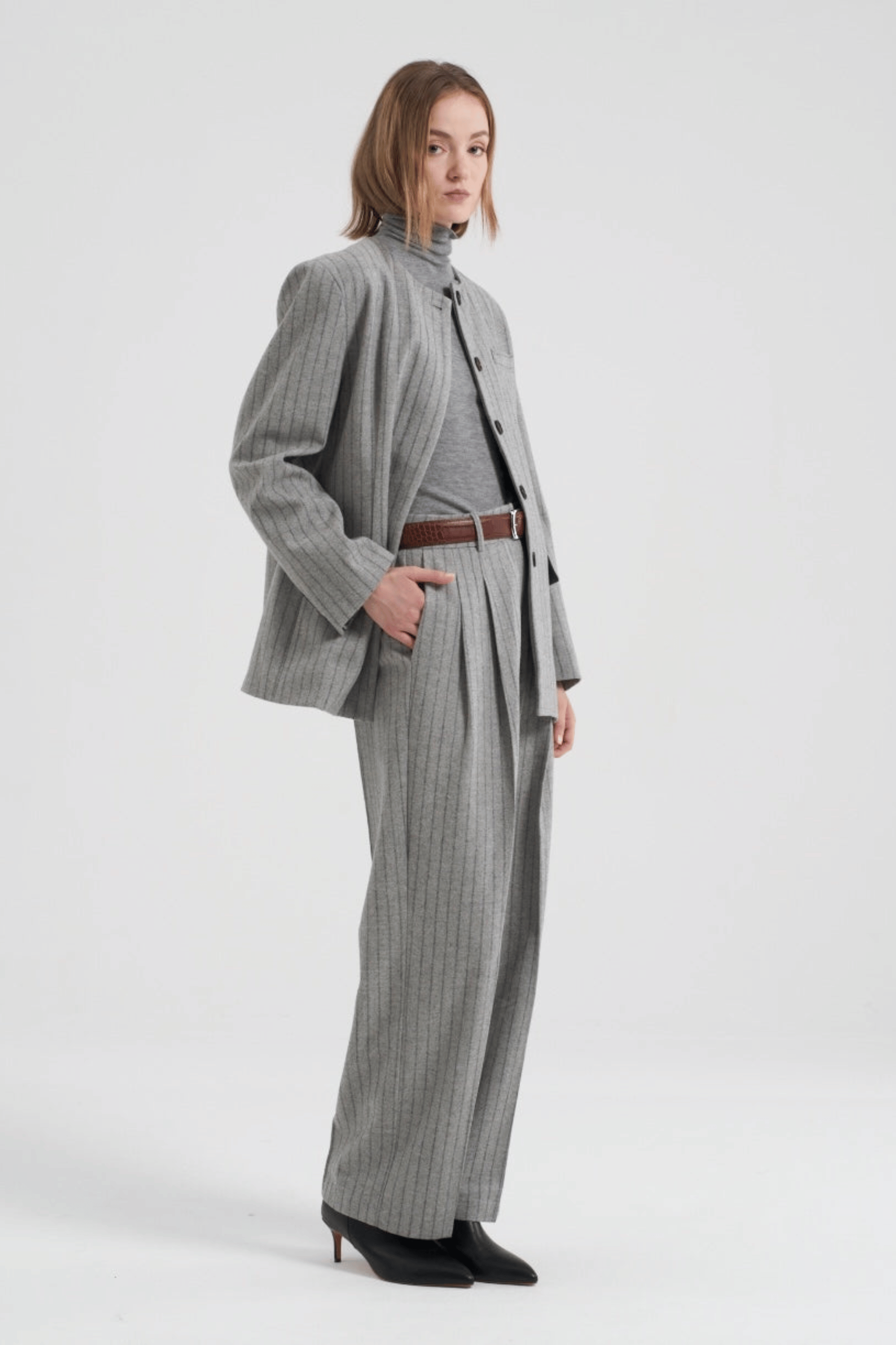 Gal Wool Collarless Jacket Grey Pinstripe - Bessette