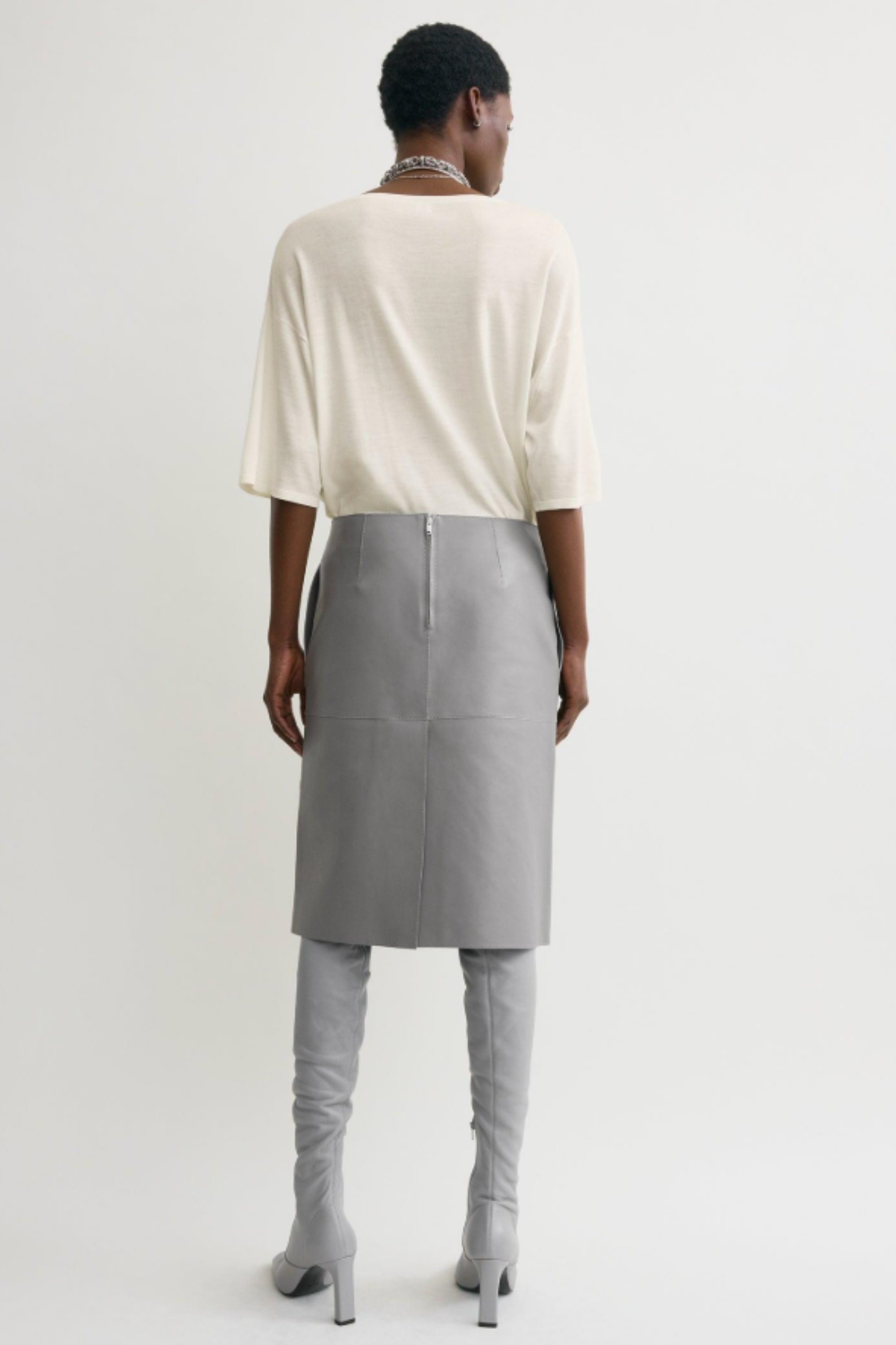 Paneled Leather Skirt Grey