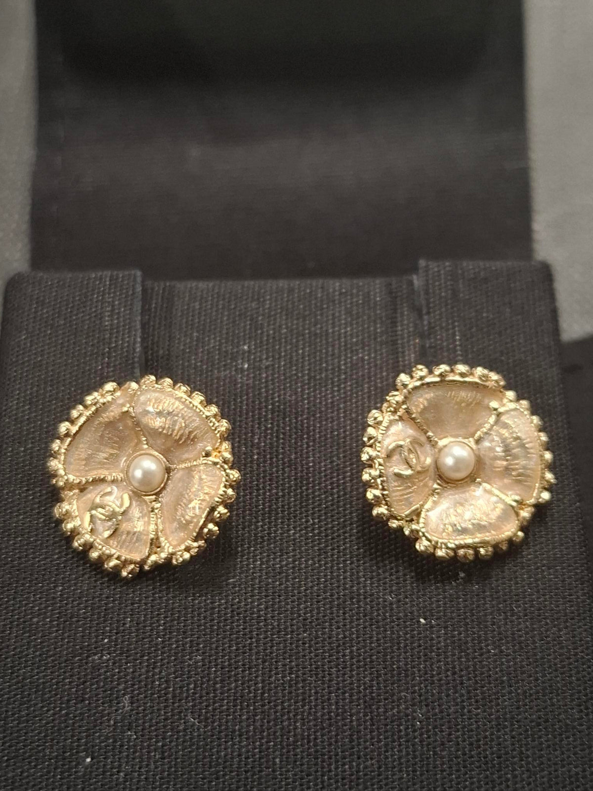 Chanel Classic CC Logo Camellia Pearl Earrings in Gold Metal
