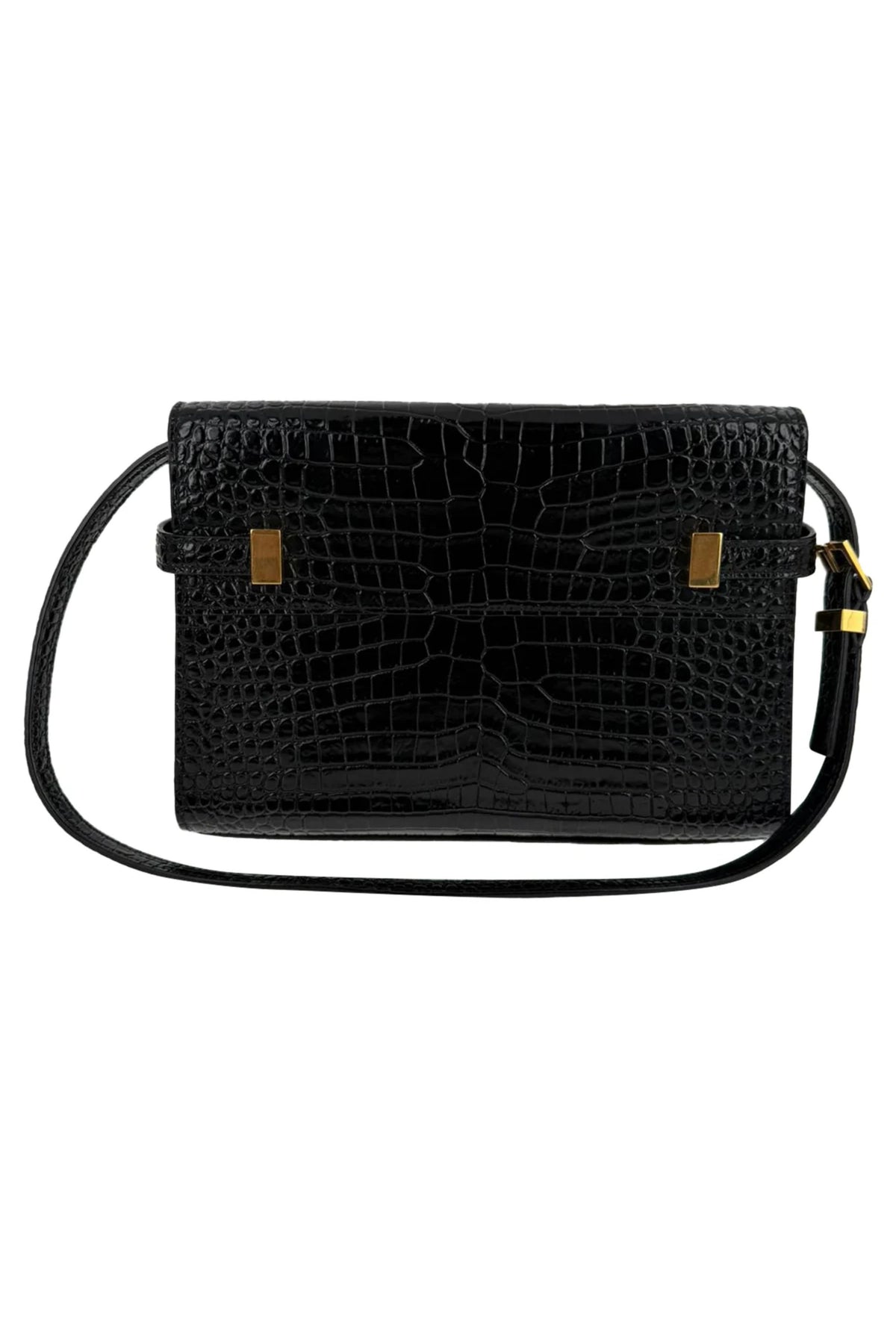 Saint Laurent Croc Embossed Manhattan Shoulder Bag in Black Leather