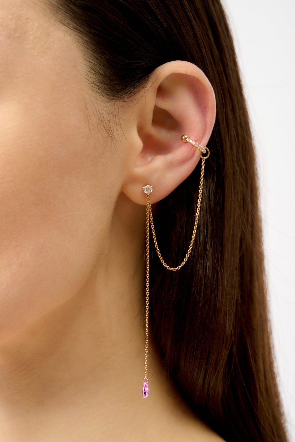 Серьги-цепочки с драпировкой из розовых сапфиров