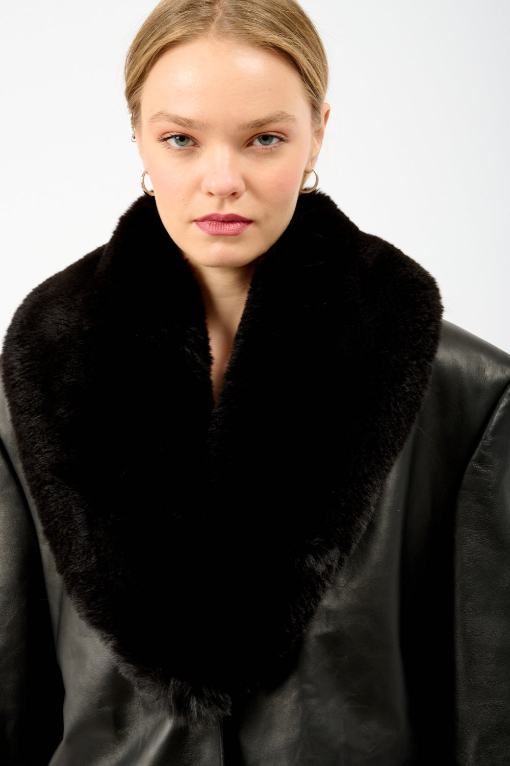Faux Fur-Trimmed Leather Coat