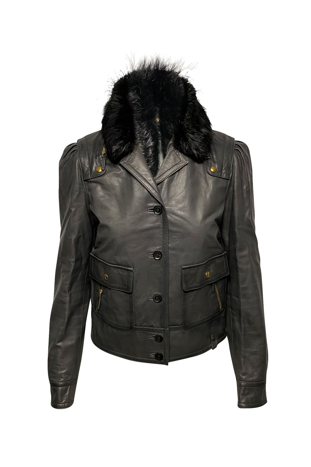 Gucci Jacket with Fur Collar Detail in Black Leather