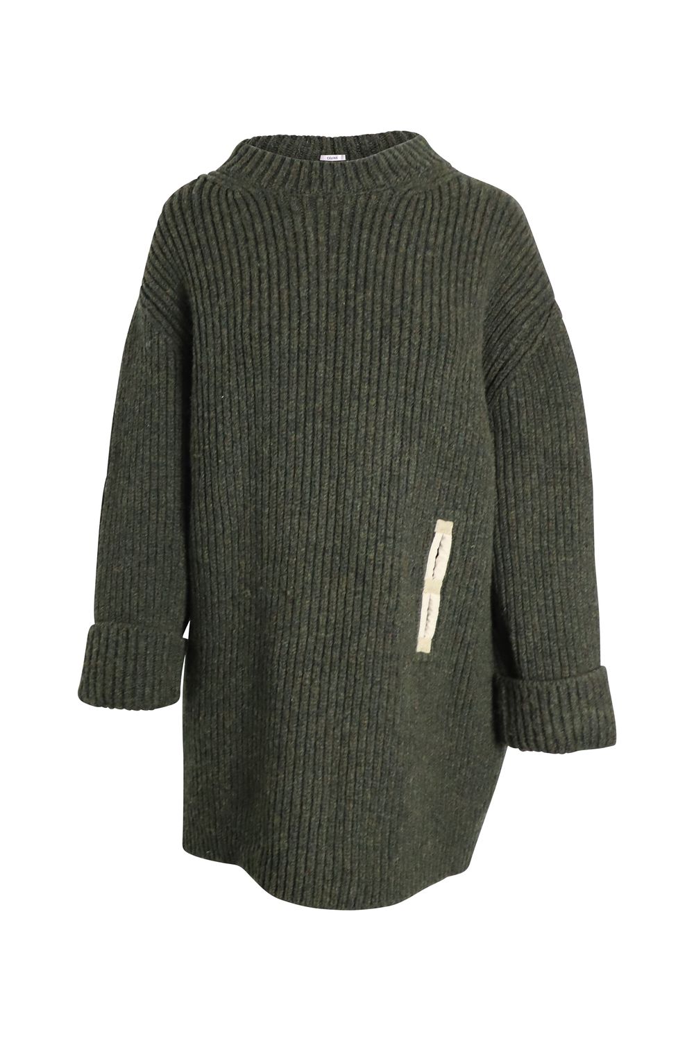 Celine Contrast Pocket Chunky Sweater in Olive Wool