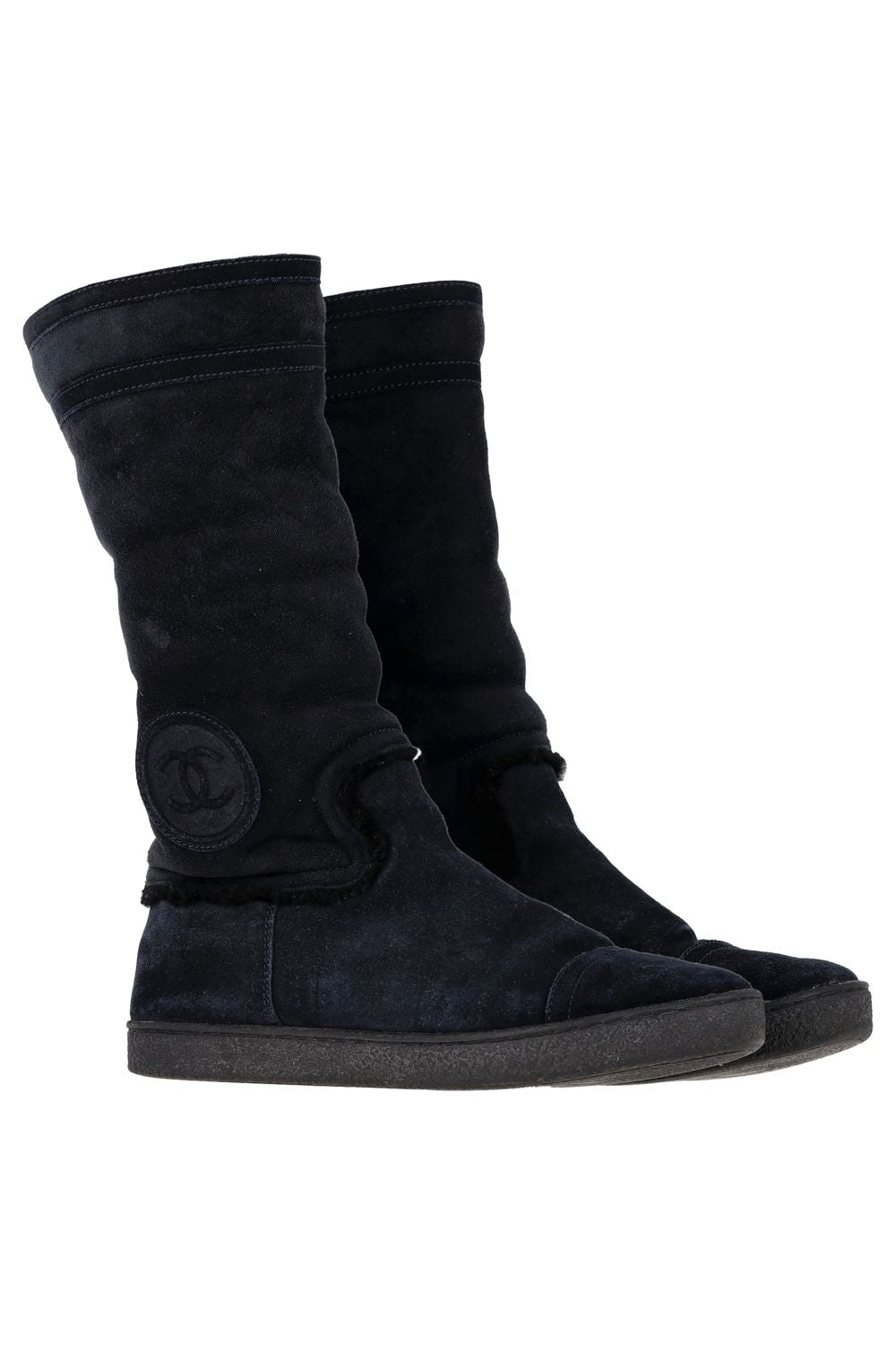 Chanel CC Logo Shearling Boots in Navy Blue Suede