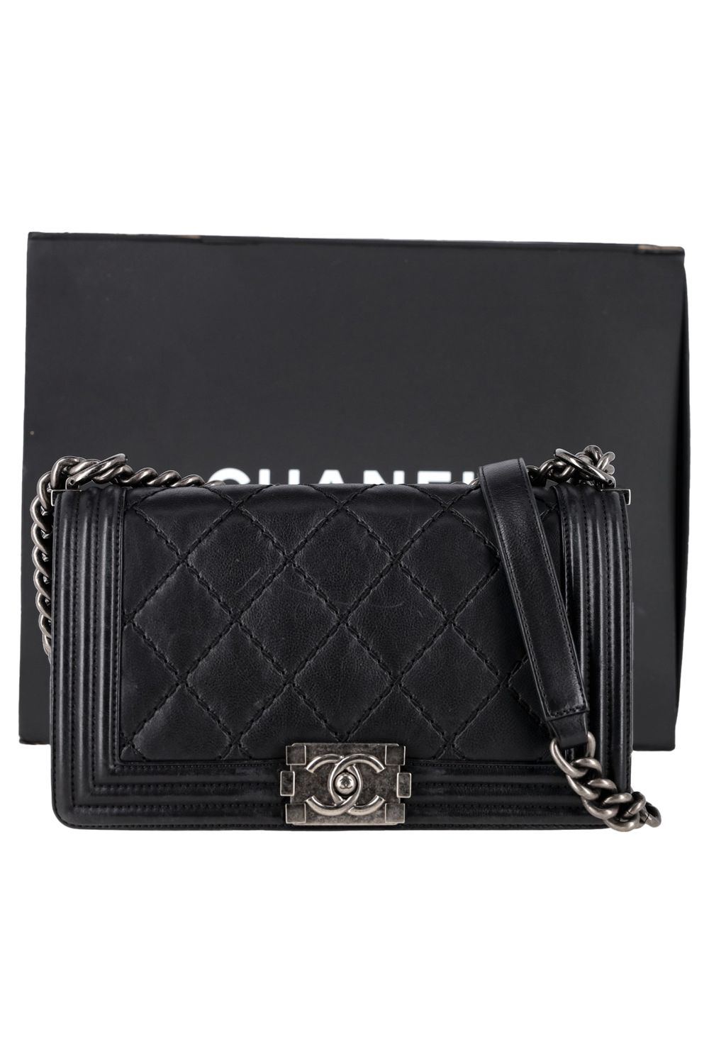 Chanel Quilted Medium Double Stitch Boy Flap Bag in Black Leather
