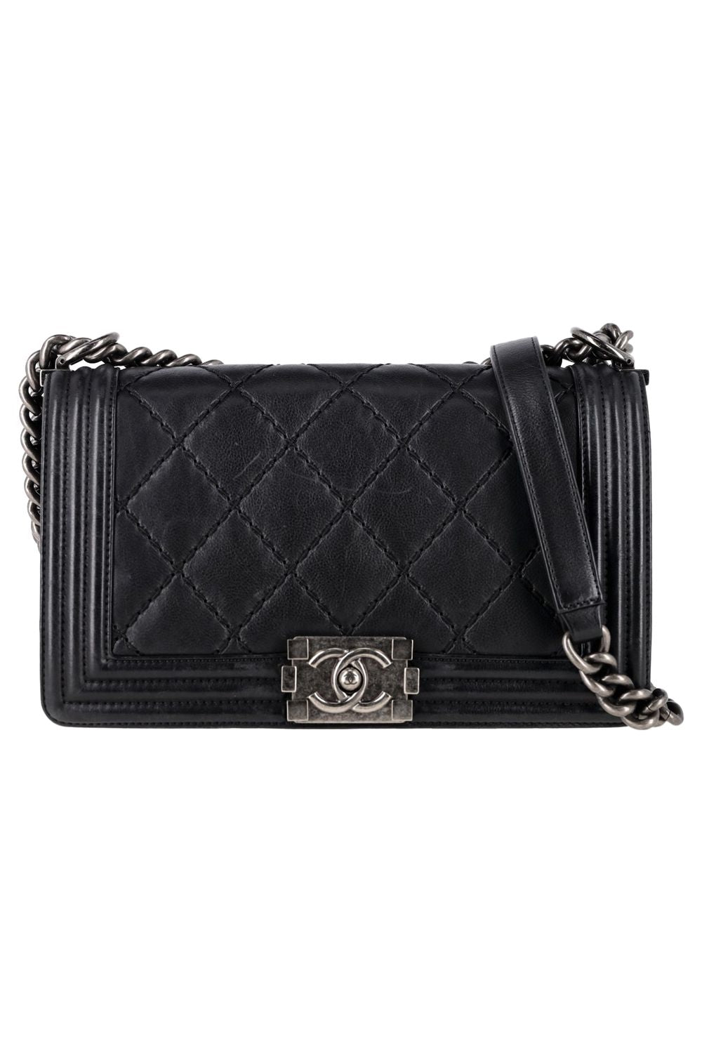 Chanel Quilted Medium Double Stitch Boy Flap Bag in Black Leather