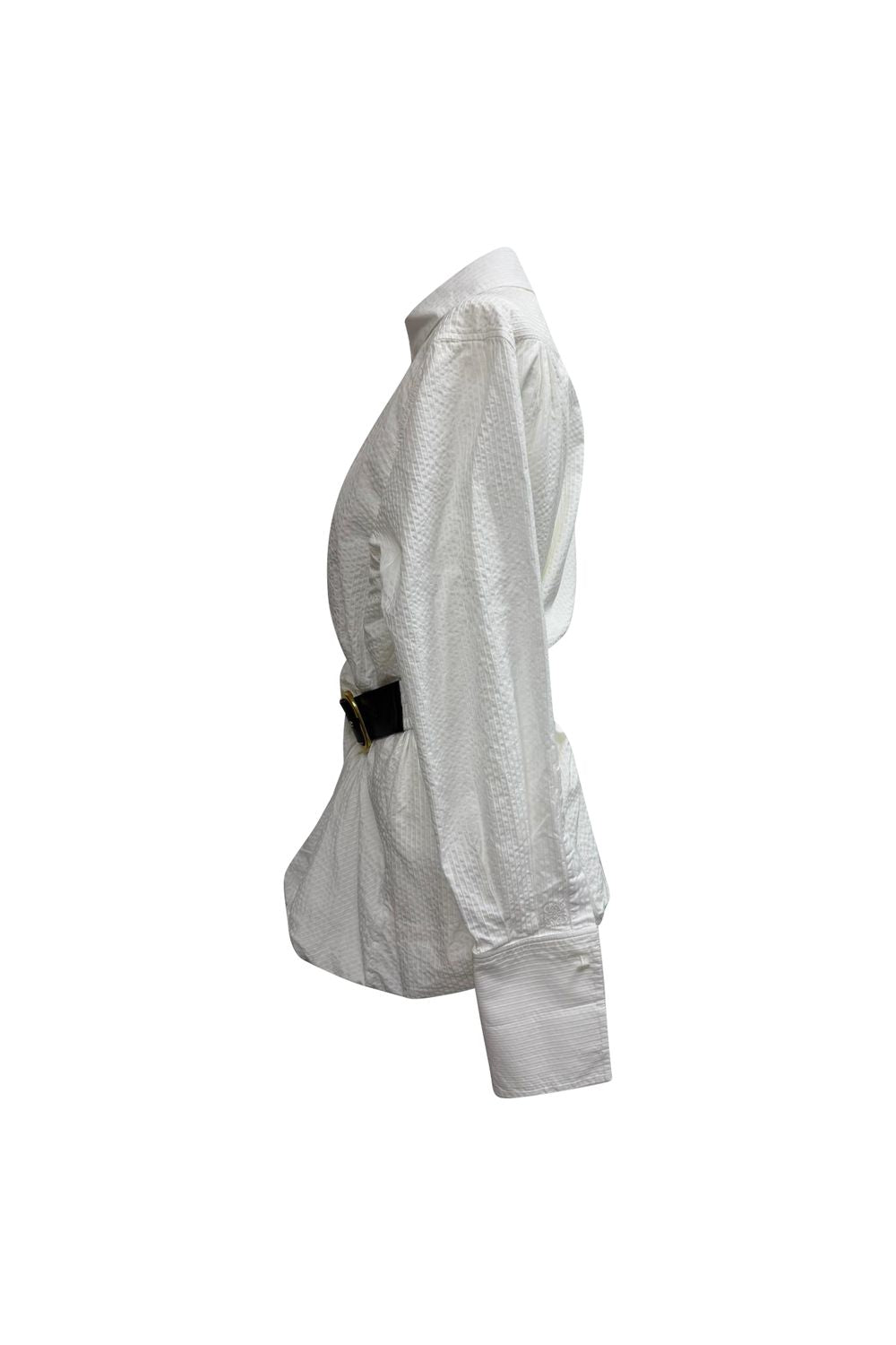 Loewe Ribbed Belted Long Sleeve Shirt in White Cotton 