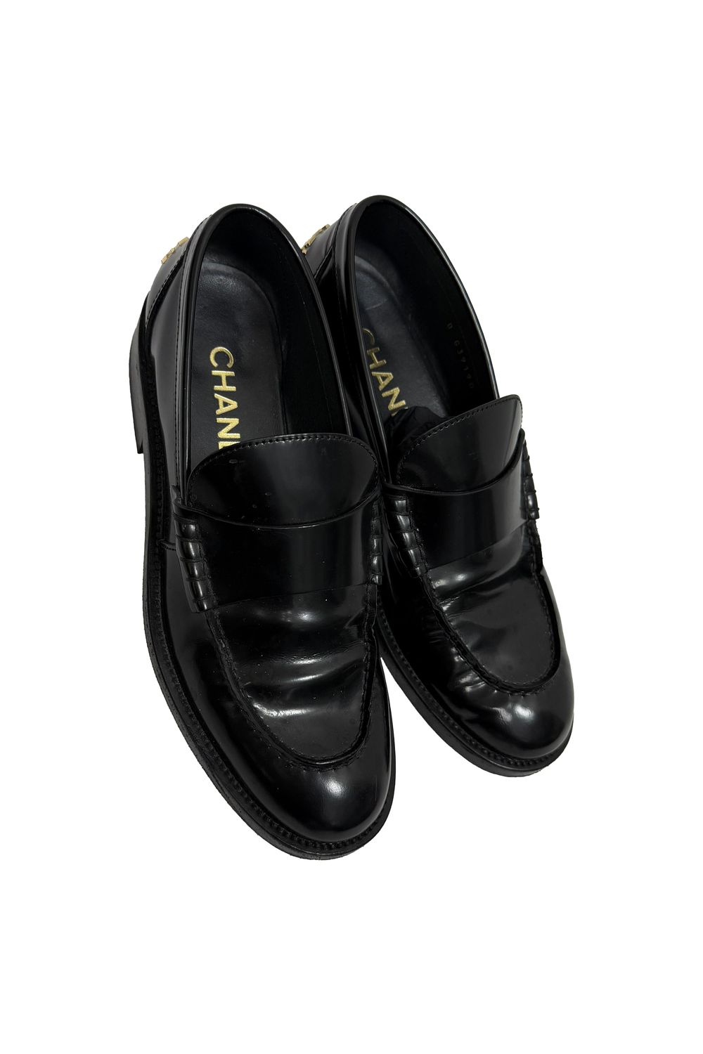 Chanel Shiny Logo Loafers in Black Calfskin Leather