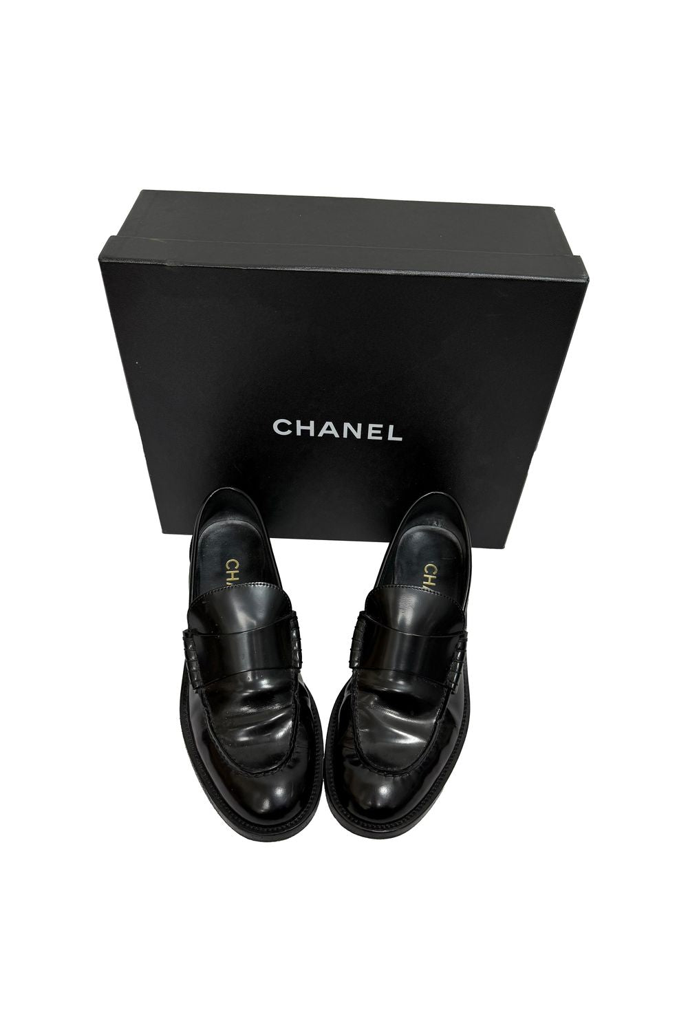 Chanel Shiny Logo Loafers in Black Calfskin Leather