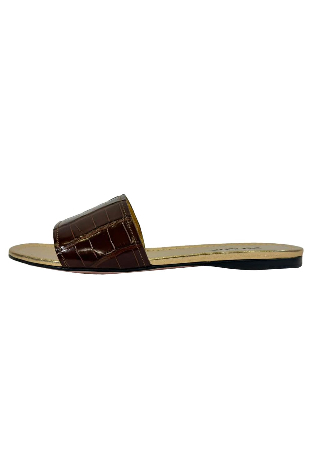 Prada Croc-Embossed Slide Flat Sandals in Brown Leather