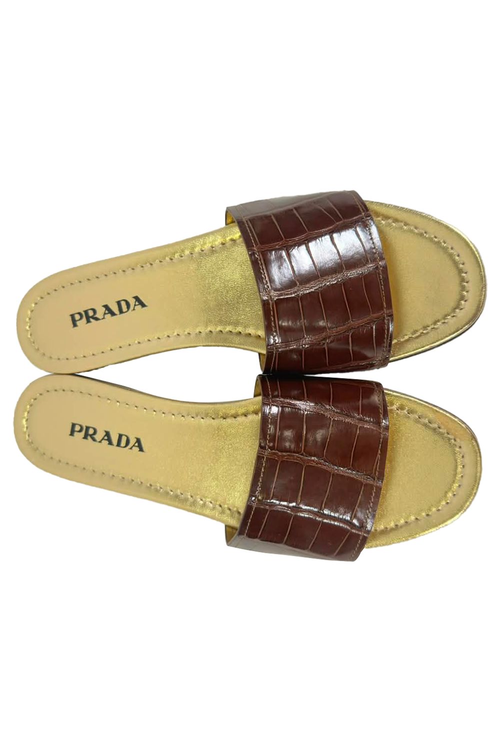 Prada Croc-Embossed Slide Flat Sandals in Brown Leather