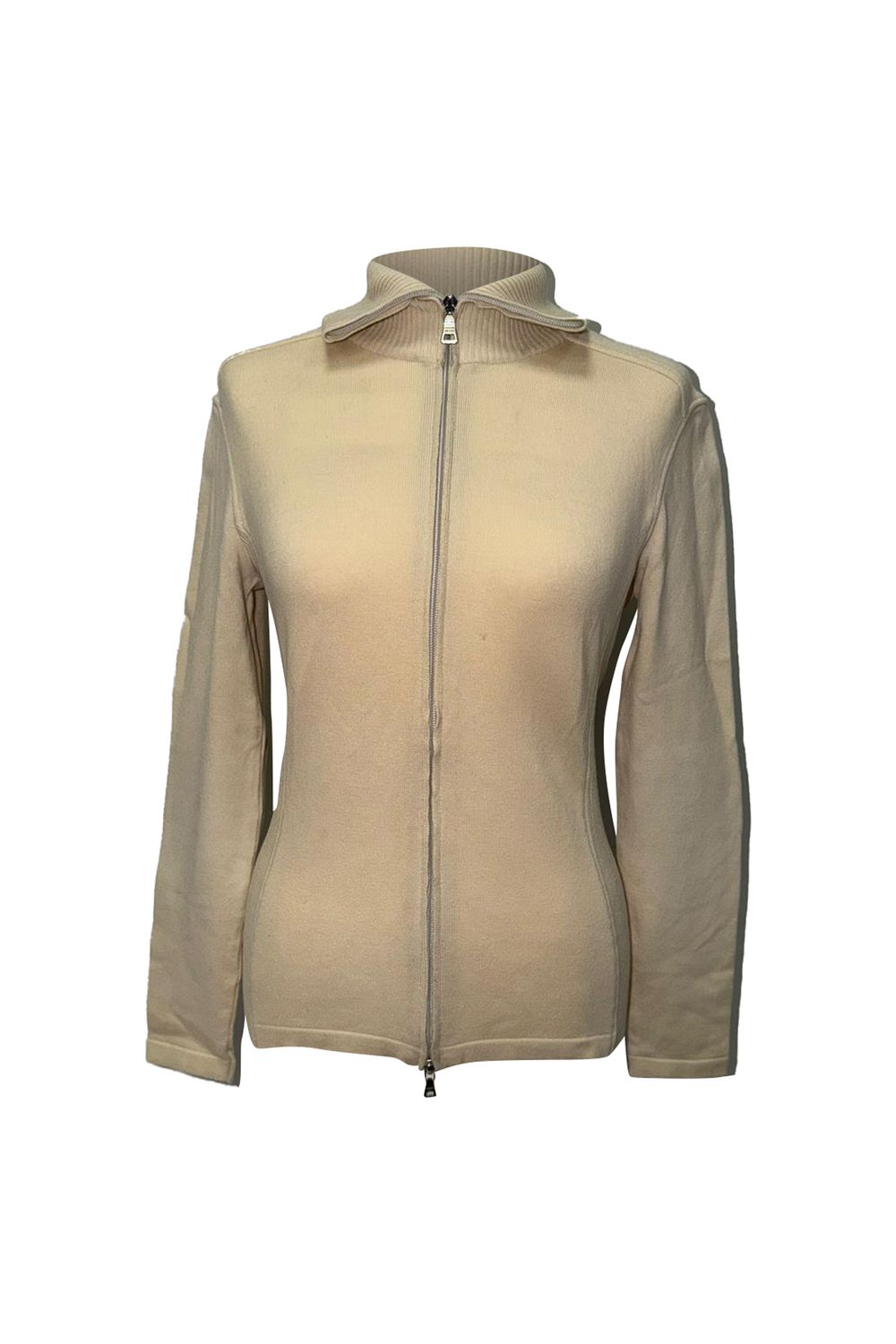 Prada Zip-Up Elbow-Patched Sweater in Beige Wool