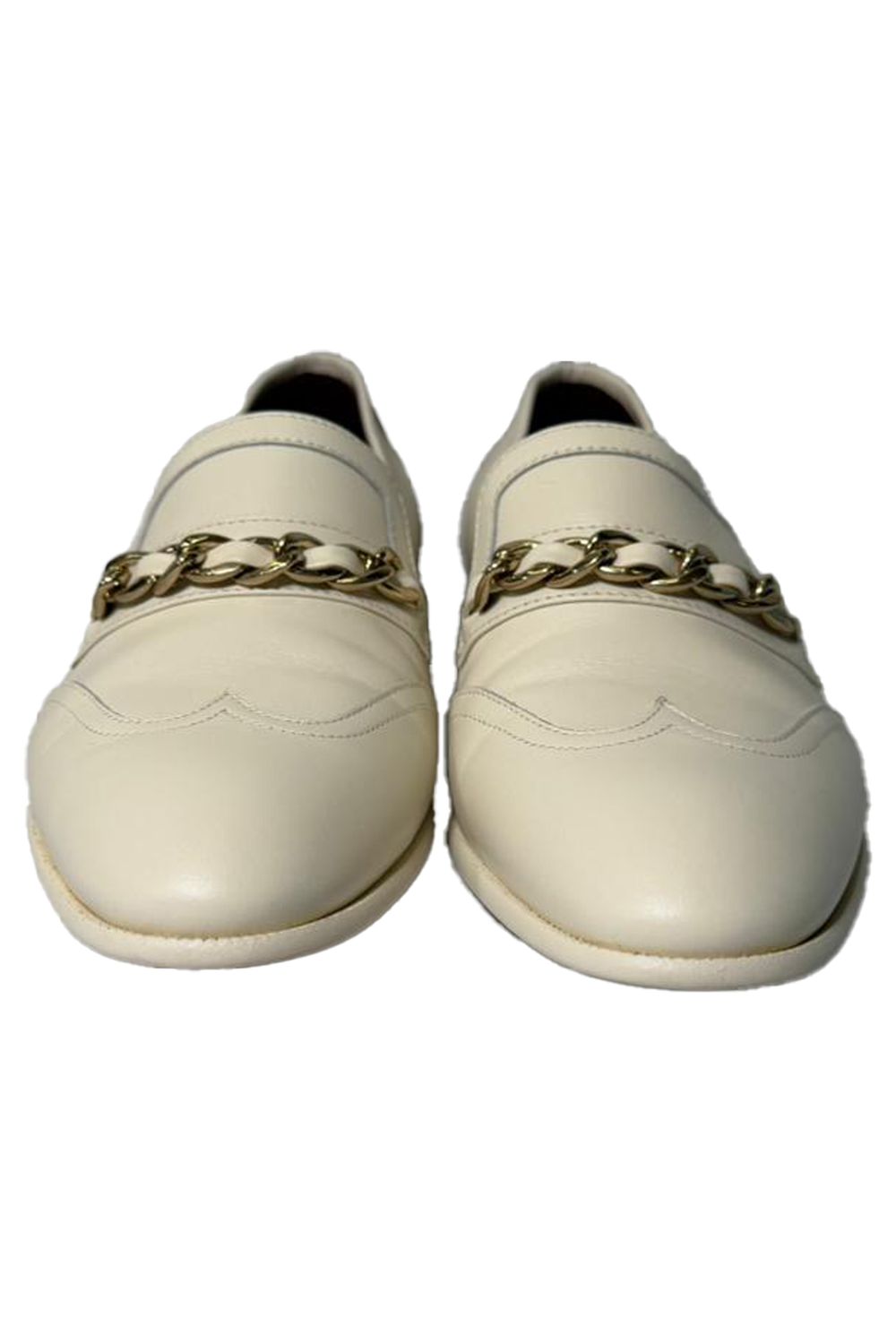  Chanel Chain Accent Wingtip Loafers in White Leather