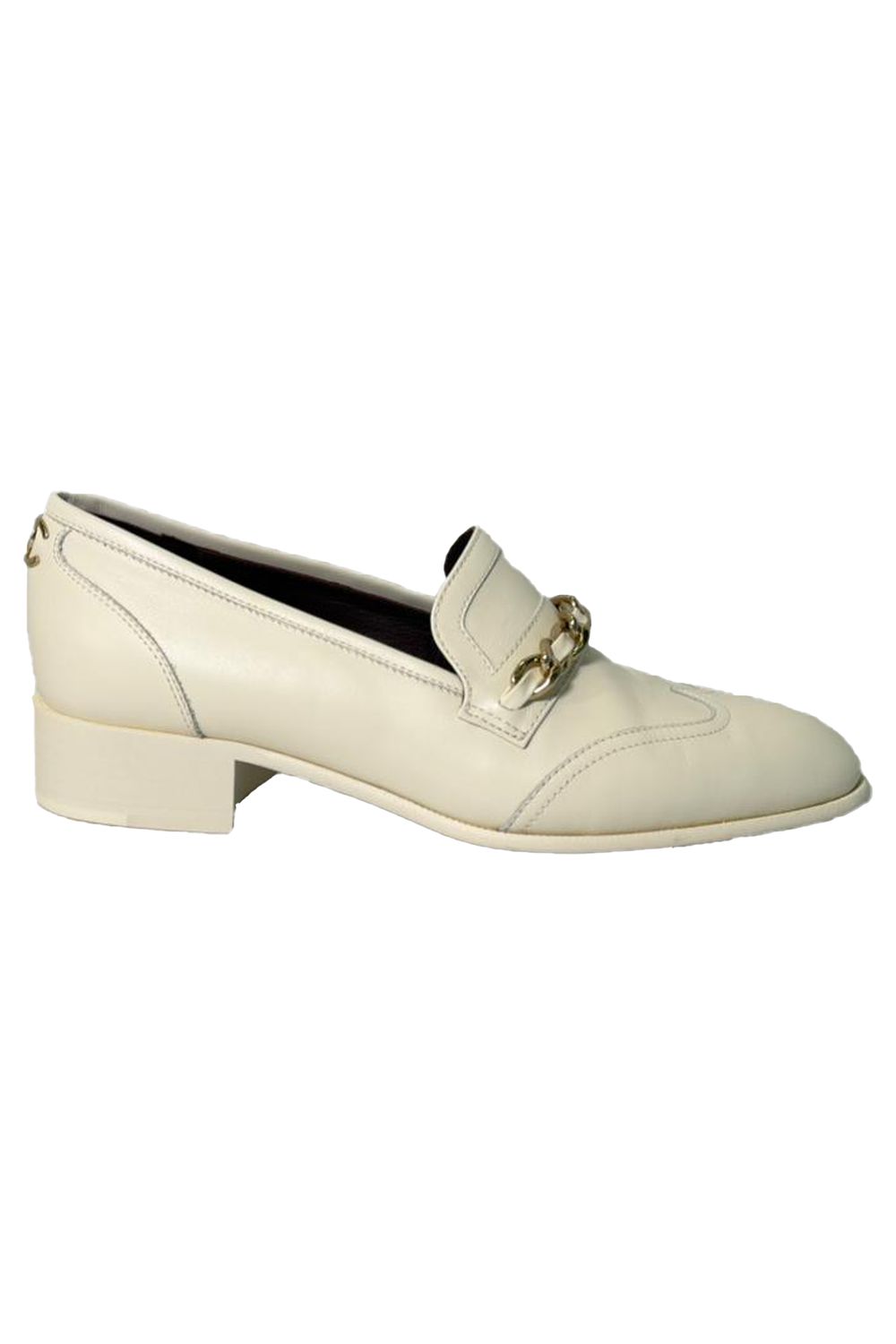  Chanel Chain Accent Wingtip Loafers in White Leather