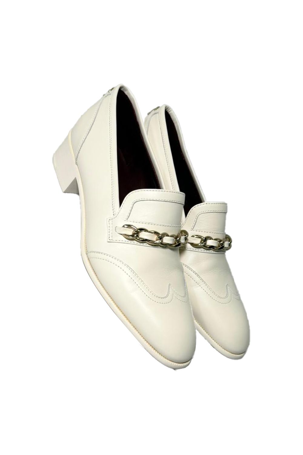  Chanel Chain Accent Wingtip Loafers in White Leather