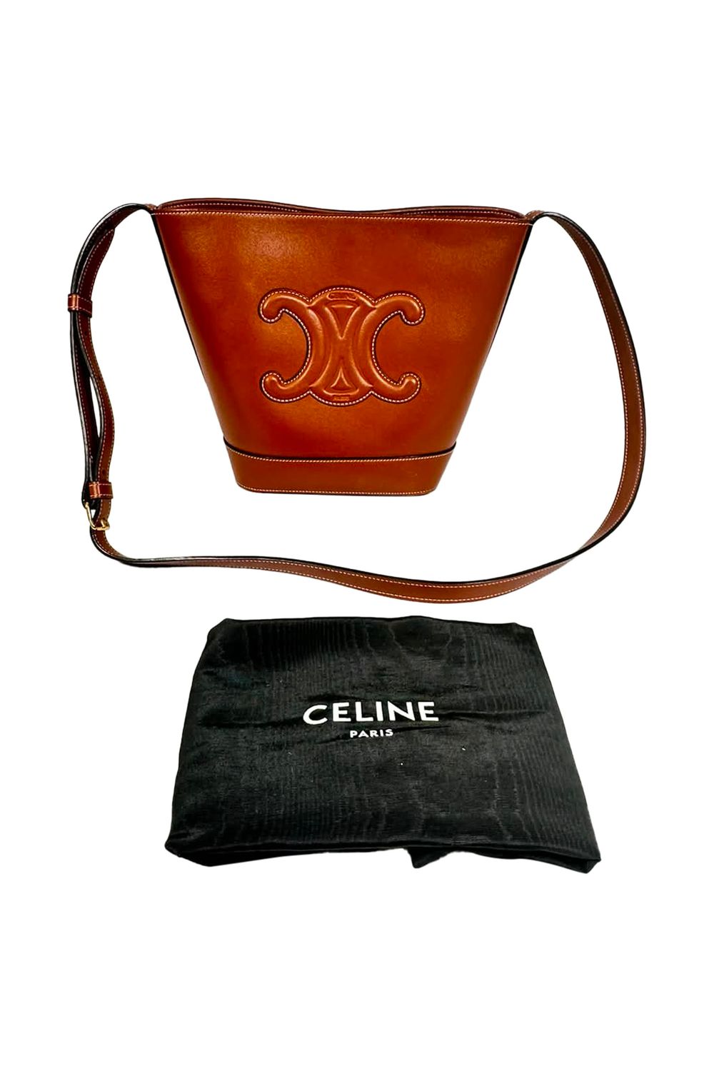 Celine Small Cuir Triomphe Bucket Bag in Brown Leather