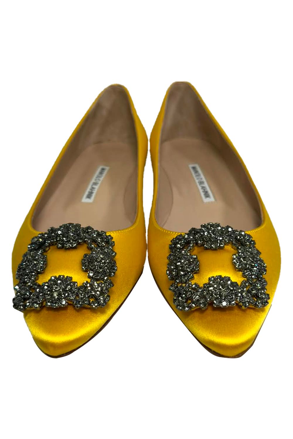 Manolo Blahnik Jewel Buckle Flat Pumps in Yellow Satin 