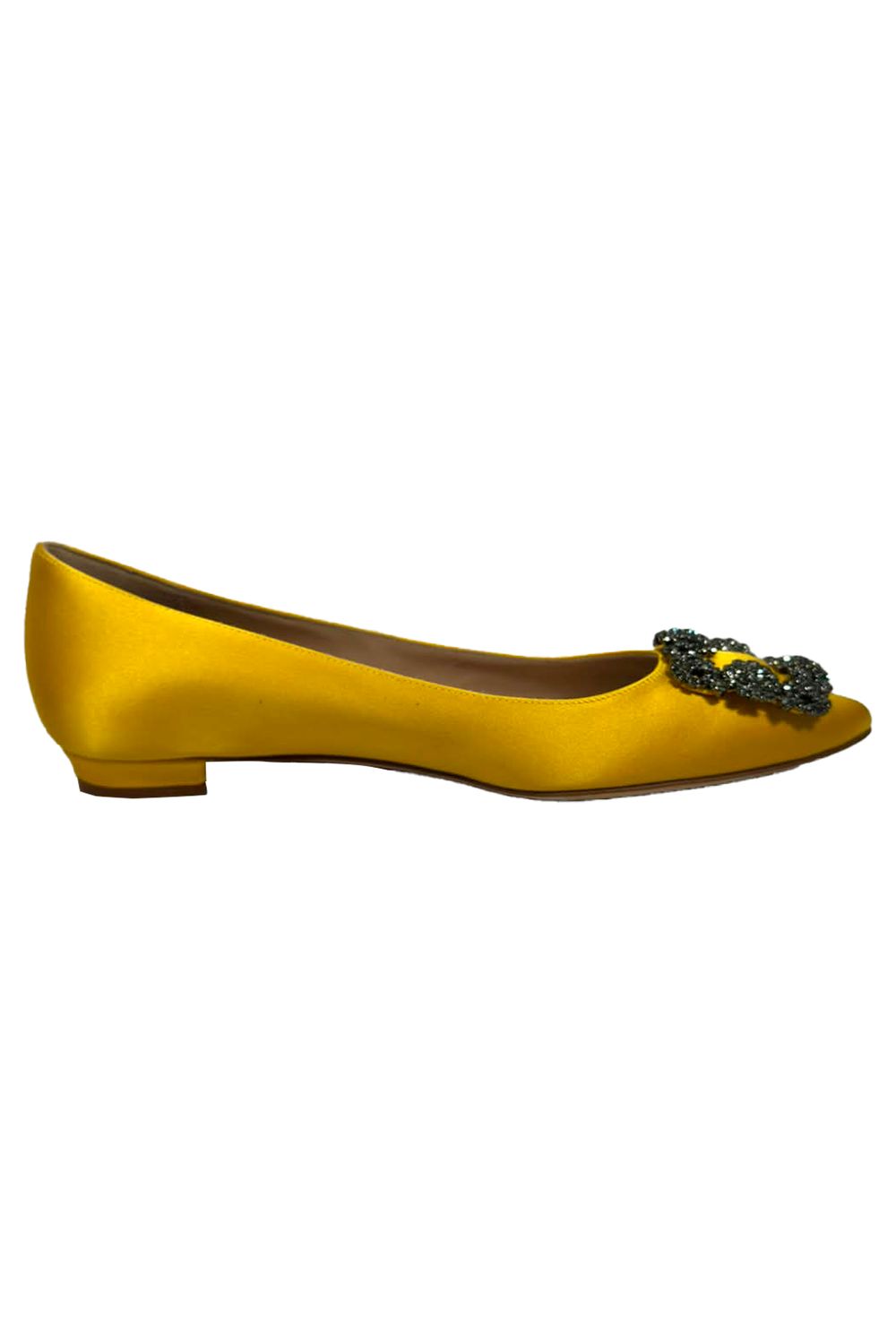 Manolo Blahnik Jewel Buckle Flat Pumps in Yellow Satin 