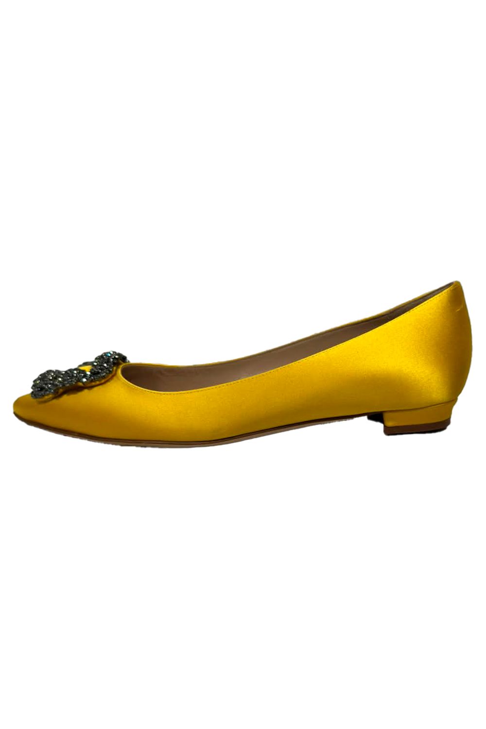 Manolo Blahnik Jewel Buckle Flat Pumps in Yellow Satin 