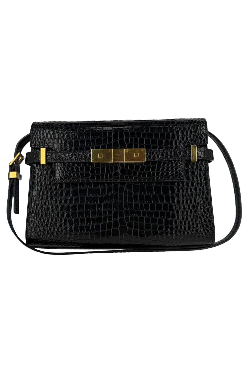 Saint Laurent Croc Embossed Manhattan Shoulder Bag in Black Leather