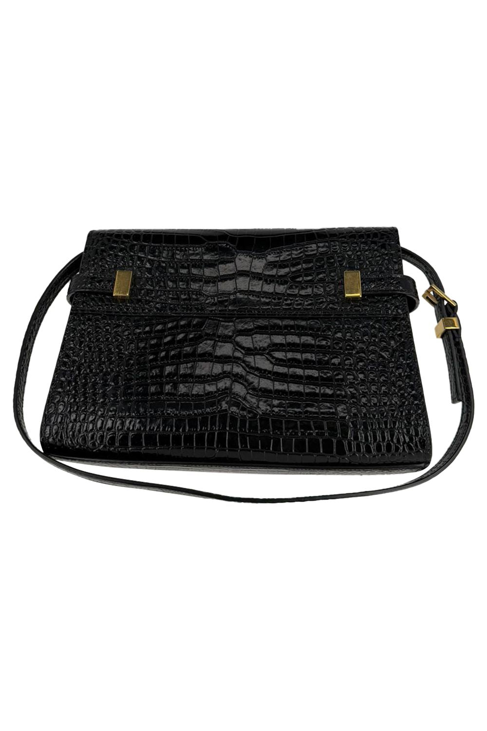 Saint Laurent Croc Embossed Manhattan Shoulder Bag in Black Leather