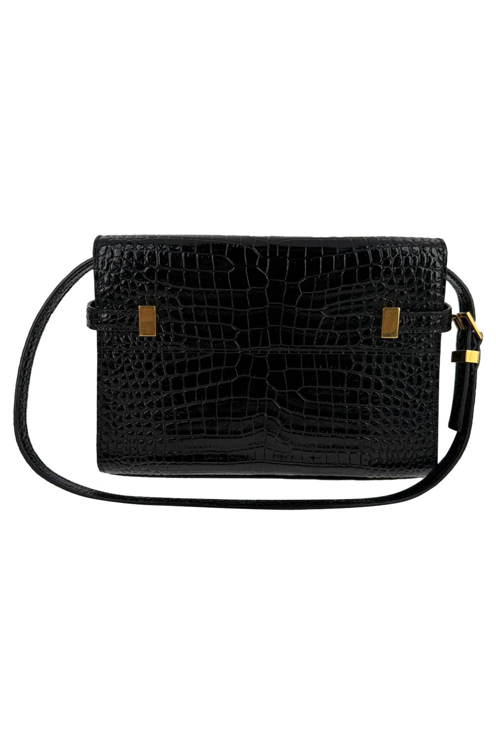 Saint Laurent Croc Embossed Manhattan Shoulder Bag in Black Leather