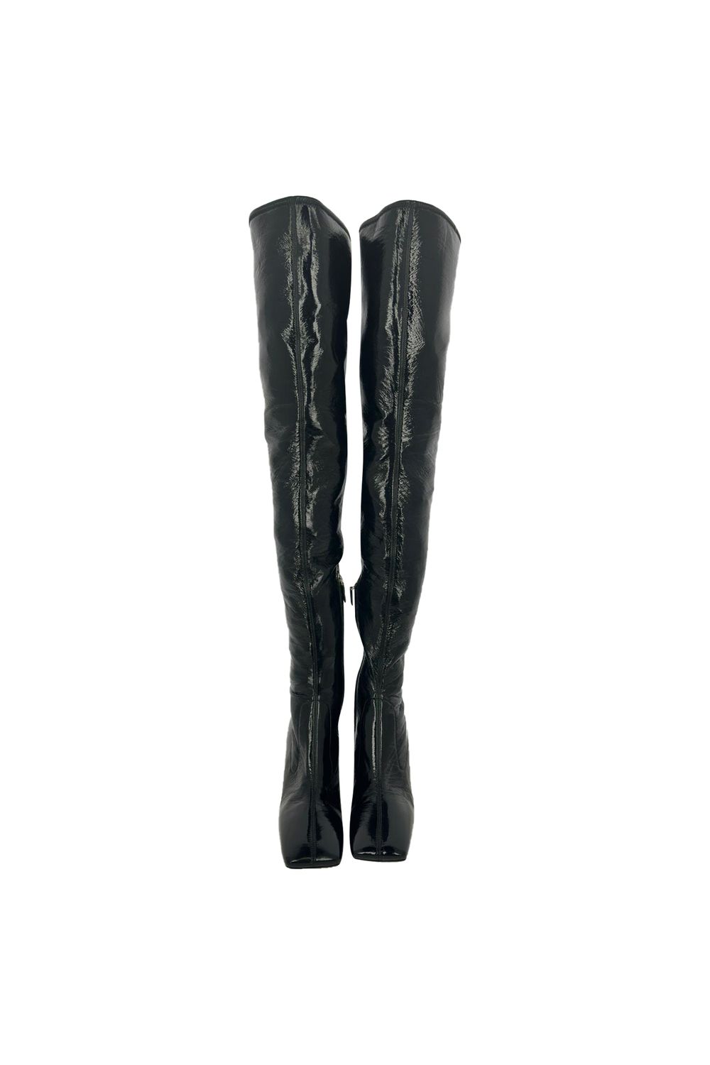  Prada Square-Toe Over-The-Knee Boots in Black Patent Leather
