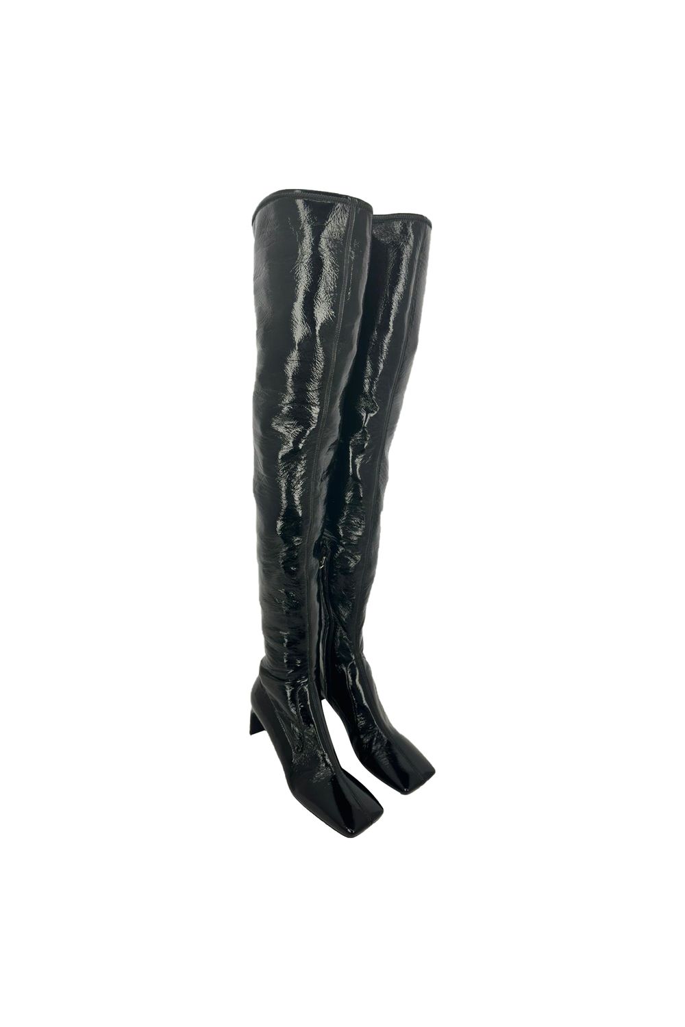  Prada Square-Toe Over-The-Knee Boots in Black Patent Leather