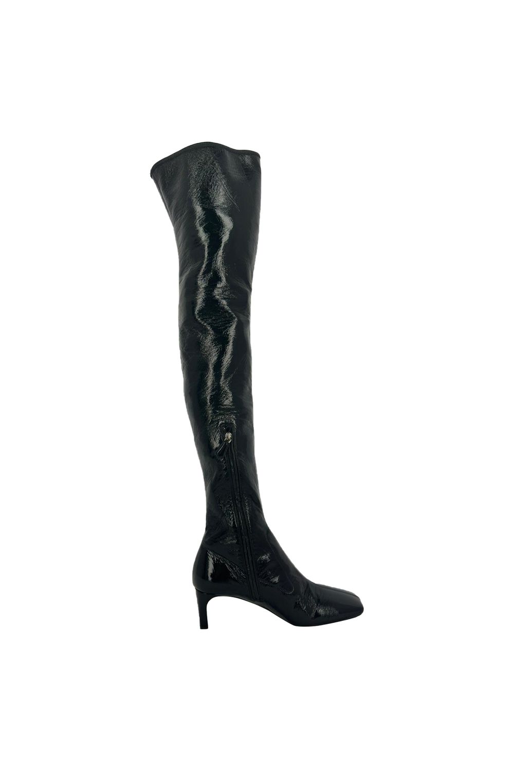  Prada Square-Toe Over-The-Knee Boots in Black Patent Leather
