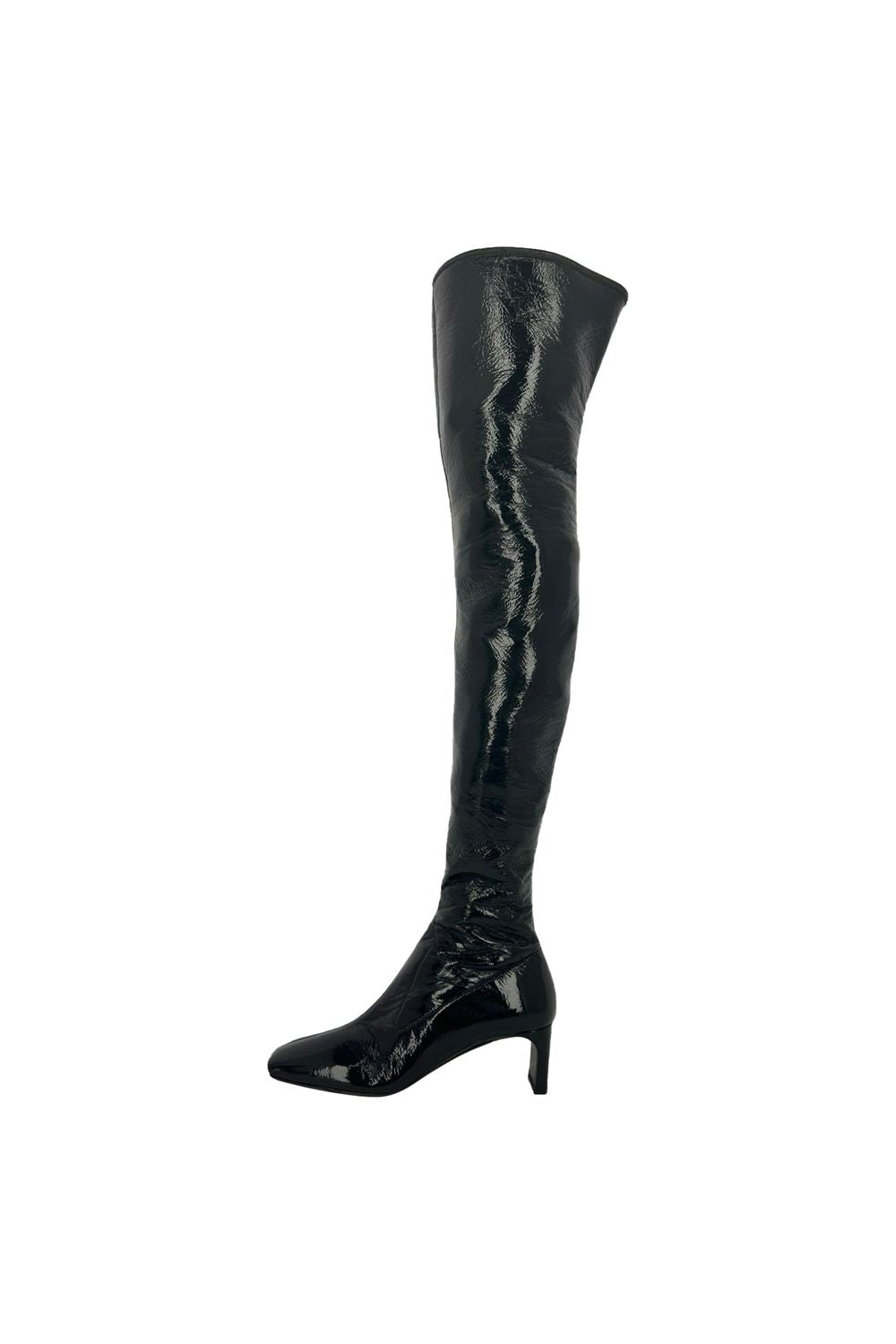  Prada Square-Toe Over-The-Knee Boots in Black Patent Leather