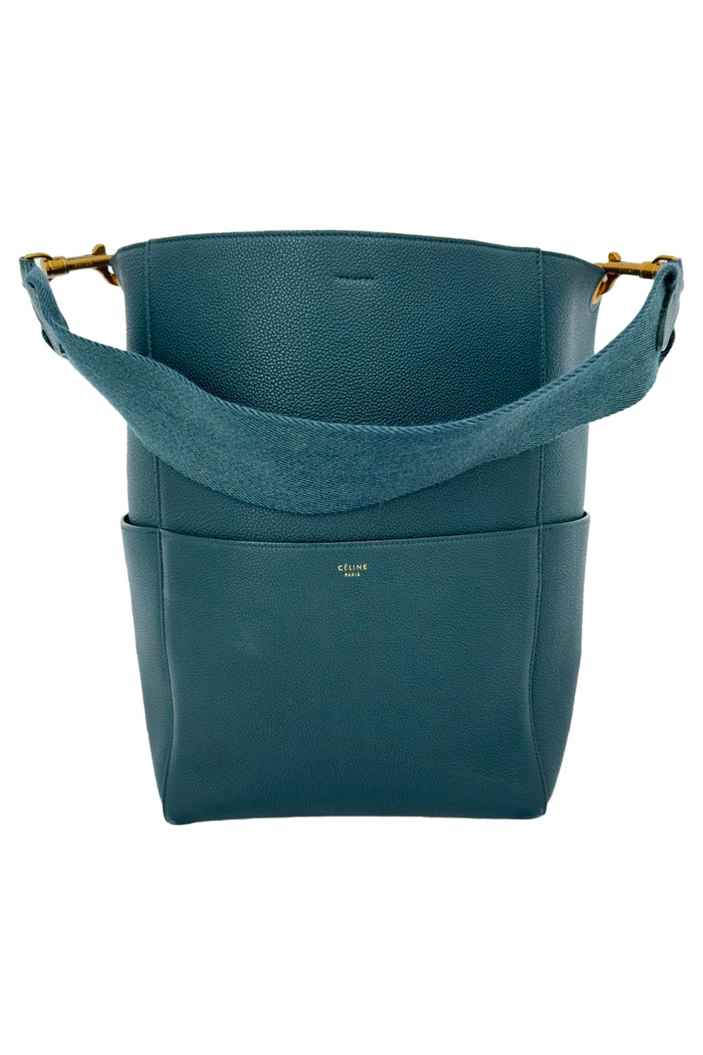 Celine Medium Sangle Bucket Bag in Green Leather