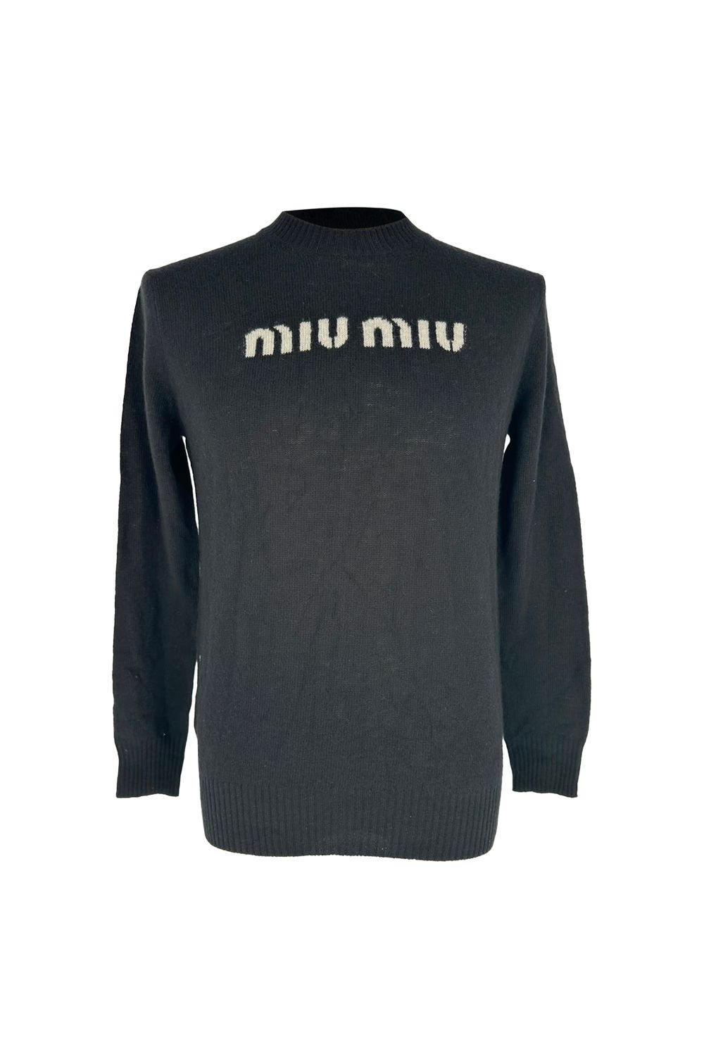  Miu Miu Logo-Embroidered Knitted Sweater in Black Wool