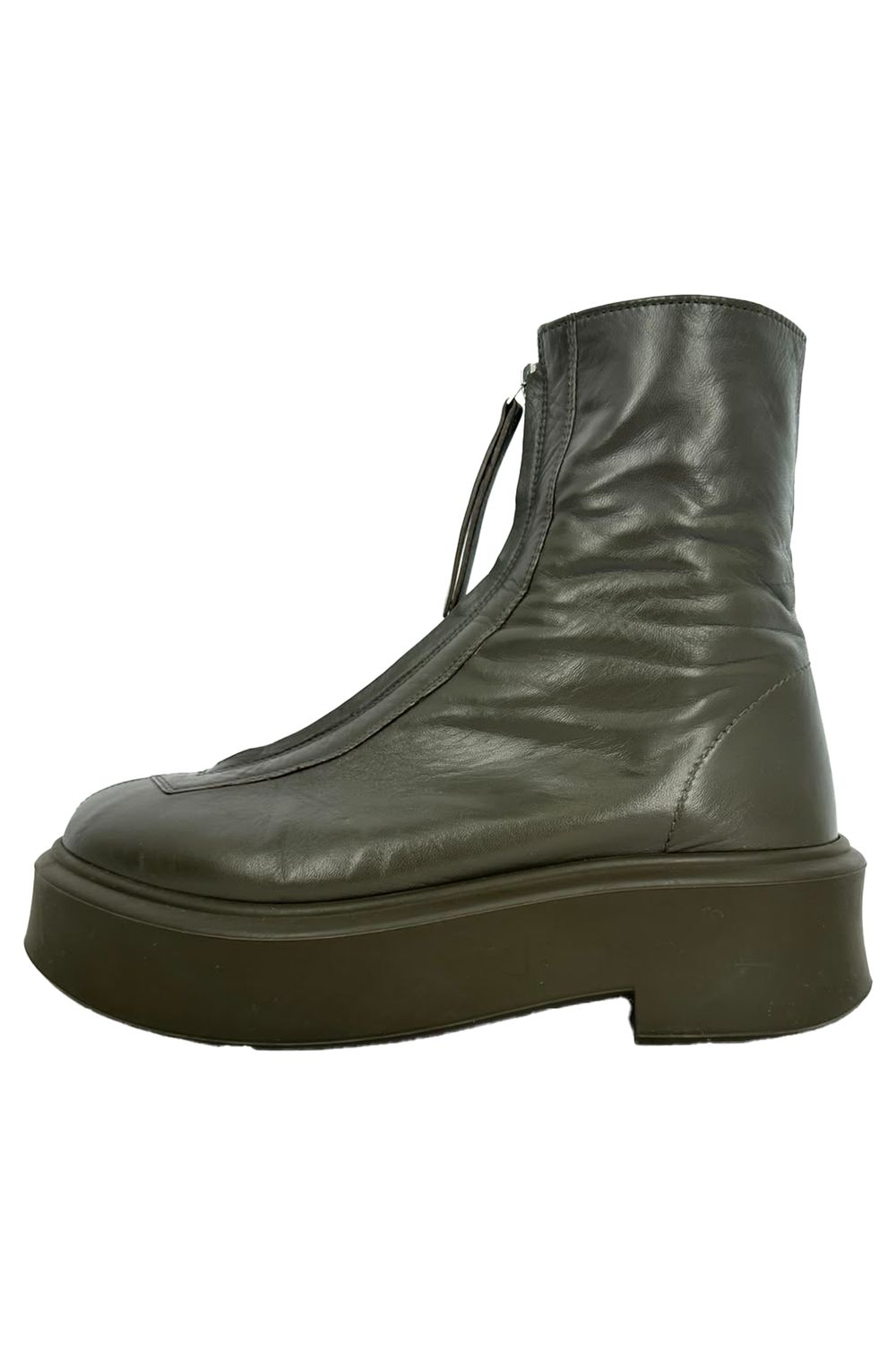 The Row Zipped Boot in Olive Green Leather