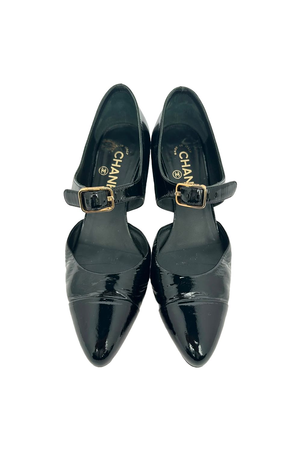 Chanel Almond-Toe Mary Jane Pumps in Black Patent Leather